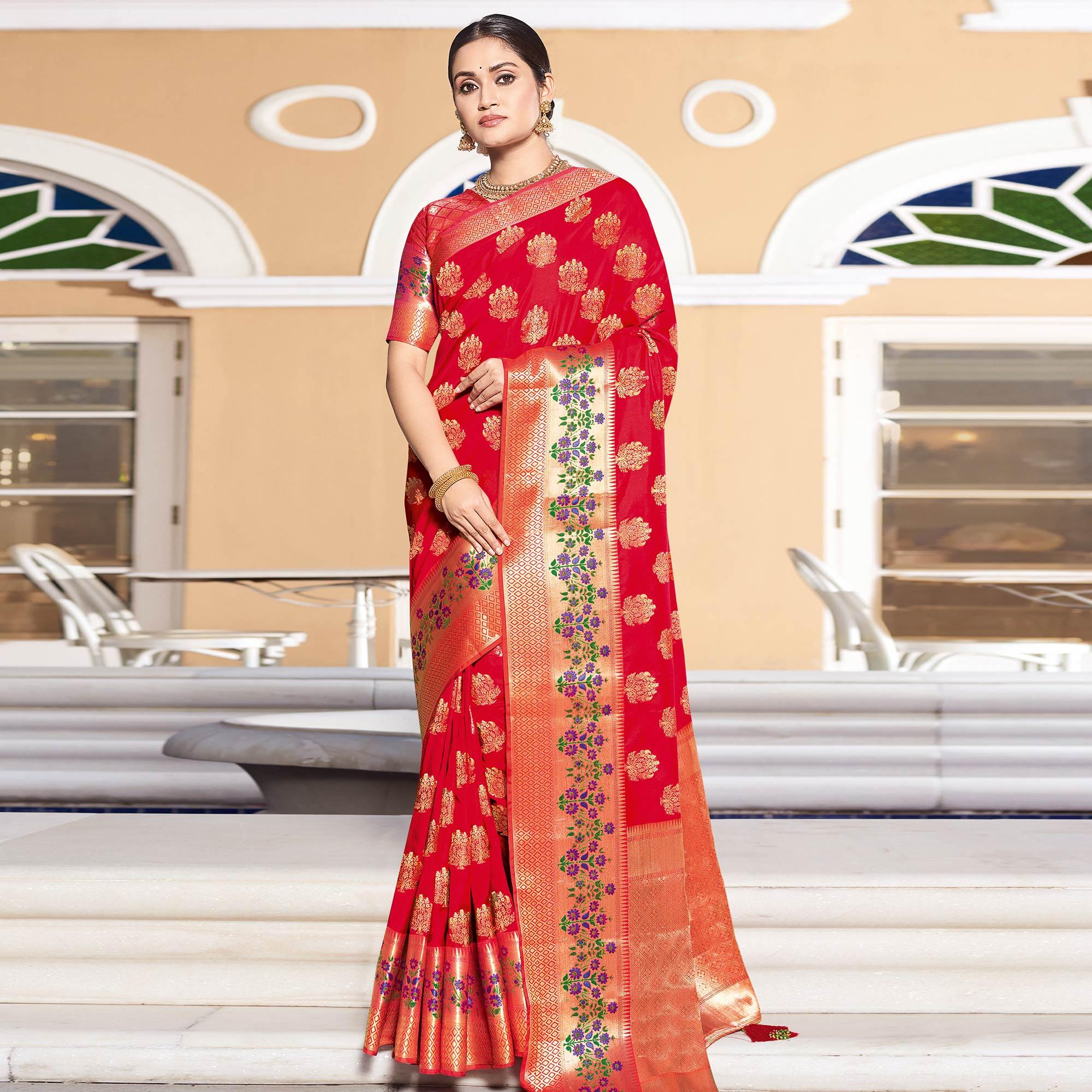 Dazzling Red Colored Festive Wear Woven Silk Saree - Peachmode