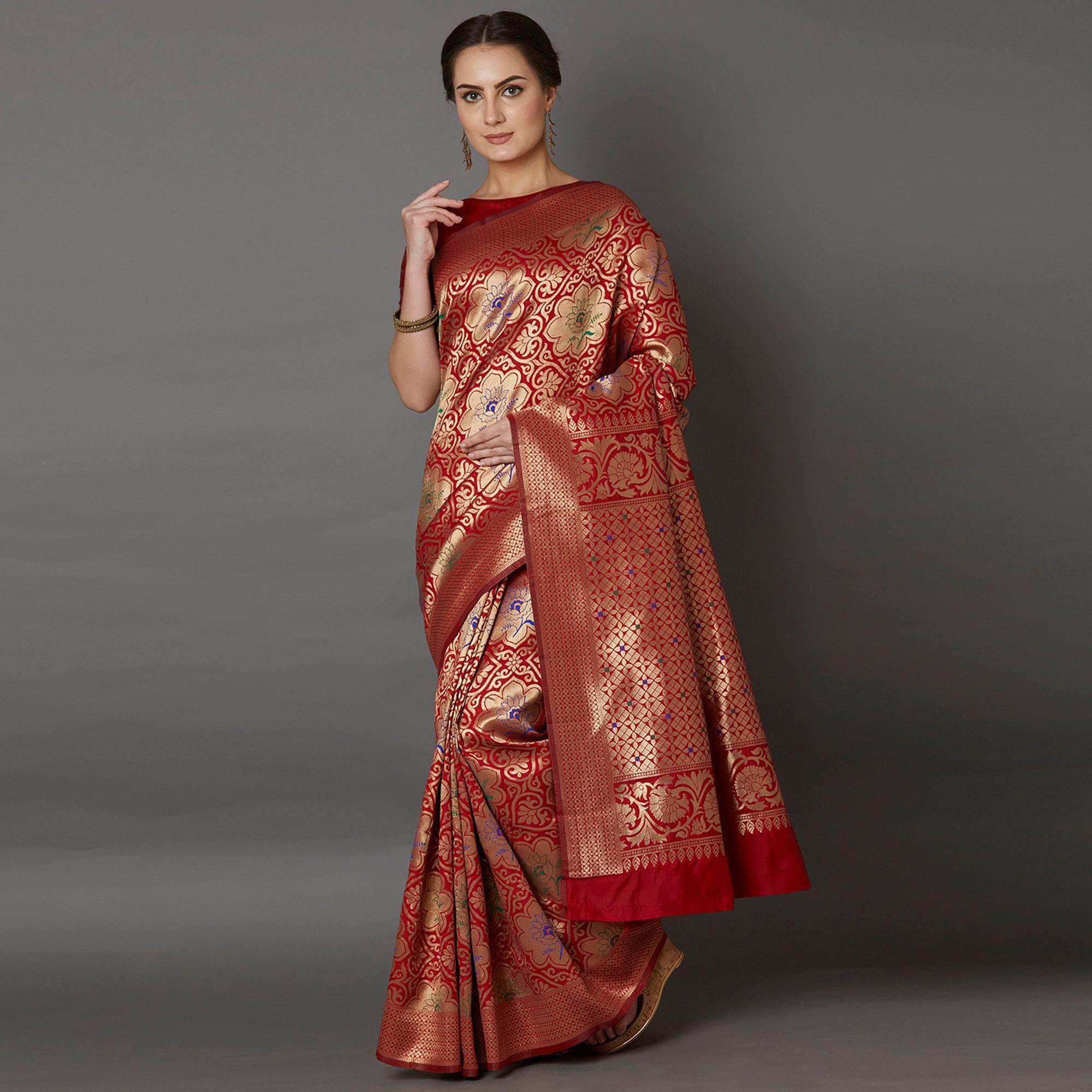 Dazzling Red Colored Festive Wear Woven Silk Saree - Peachmode