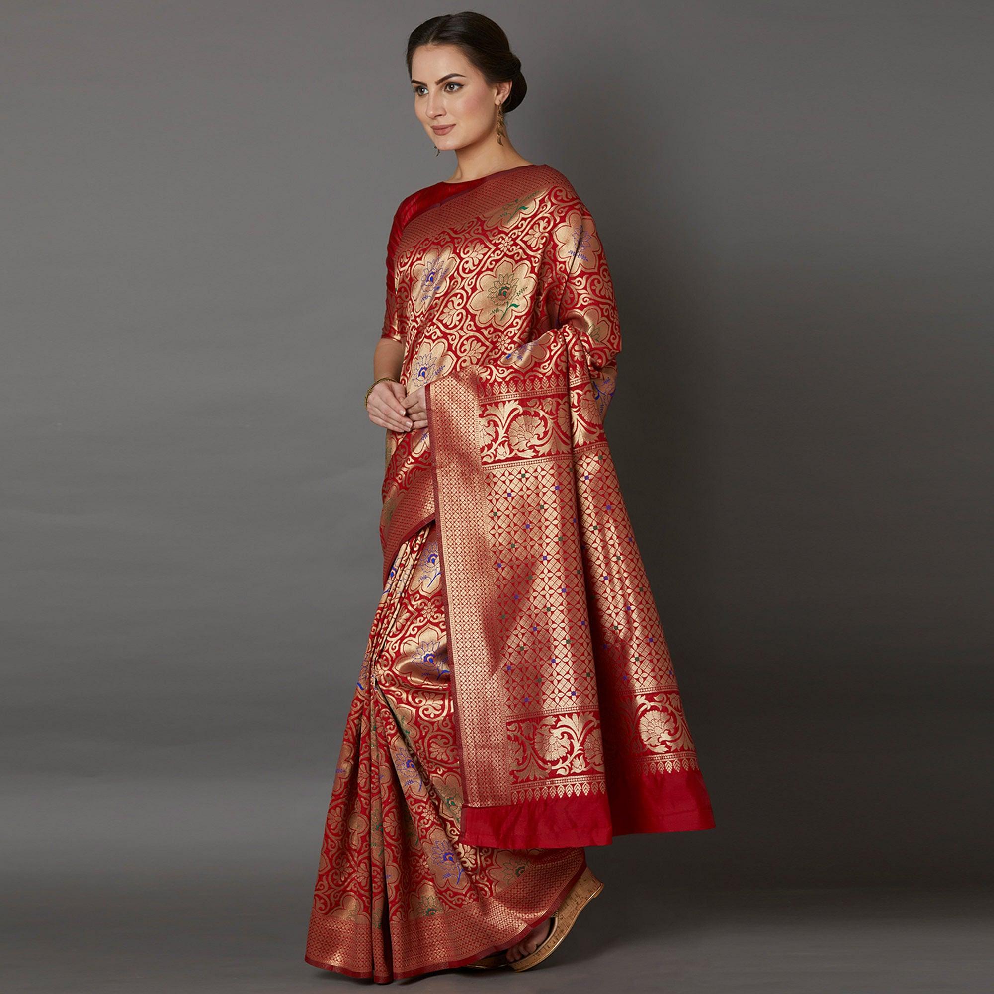 Dazzling Red Colored Festive Wear Woven Silk Saree - Peachmode
