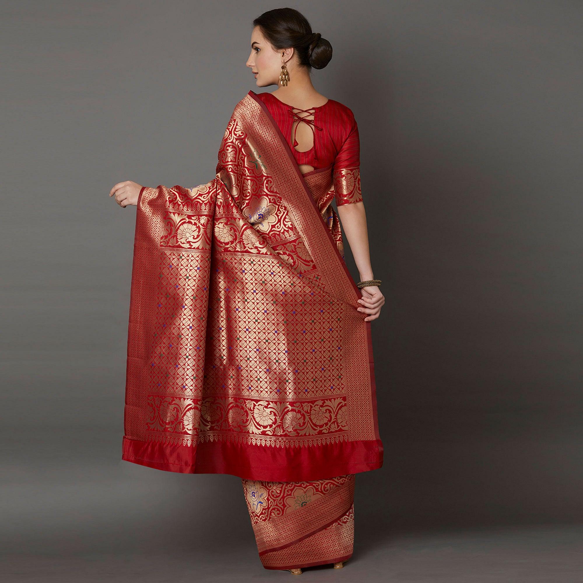Dazzling Red Colored Festive Wear Woven Silk Saree - Peachmode