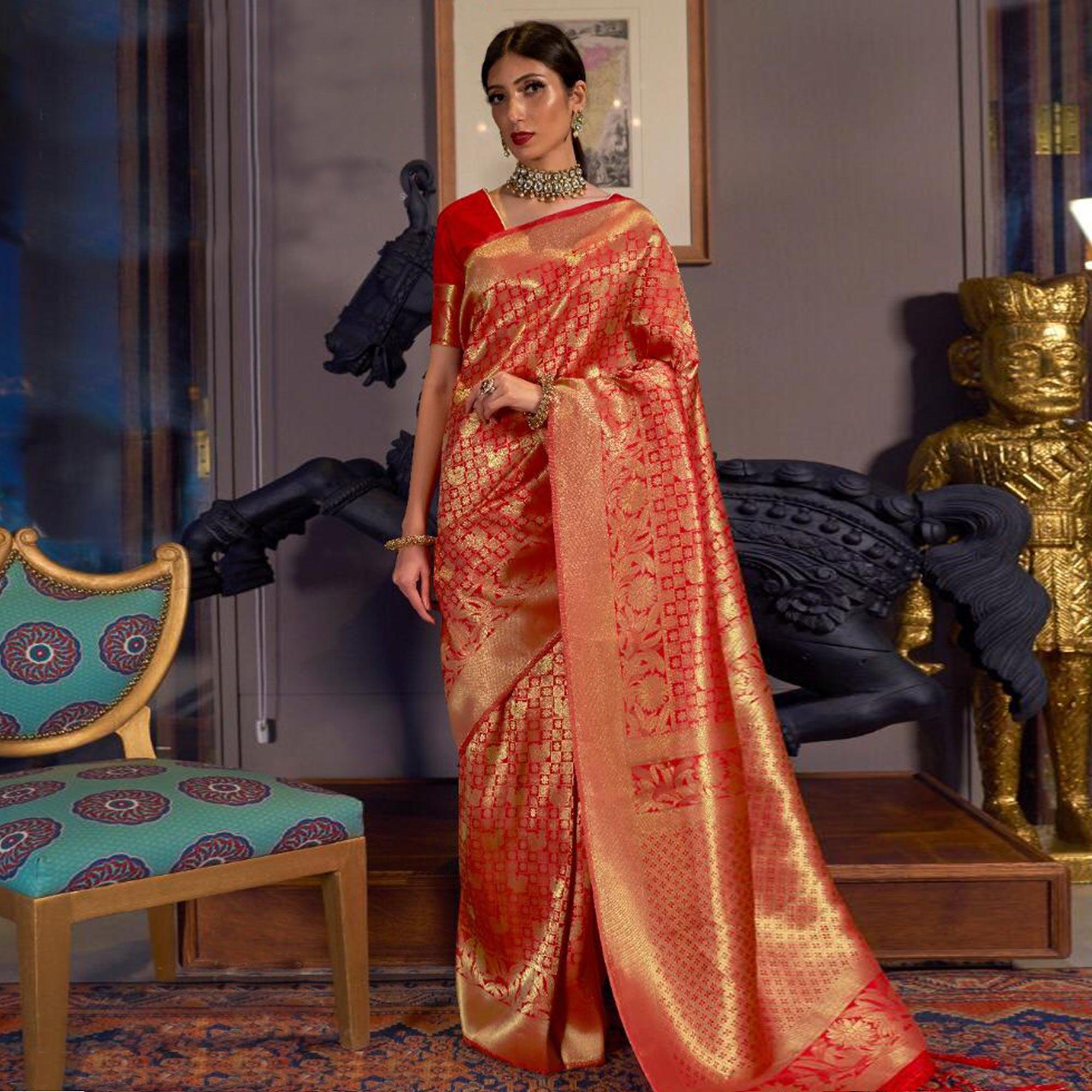 Dazzling Red Colored Festive Wear Woven Silk Saree With Tassels - Peachmode