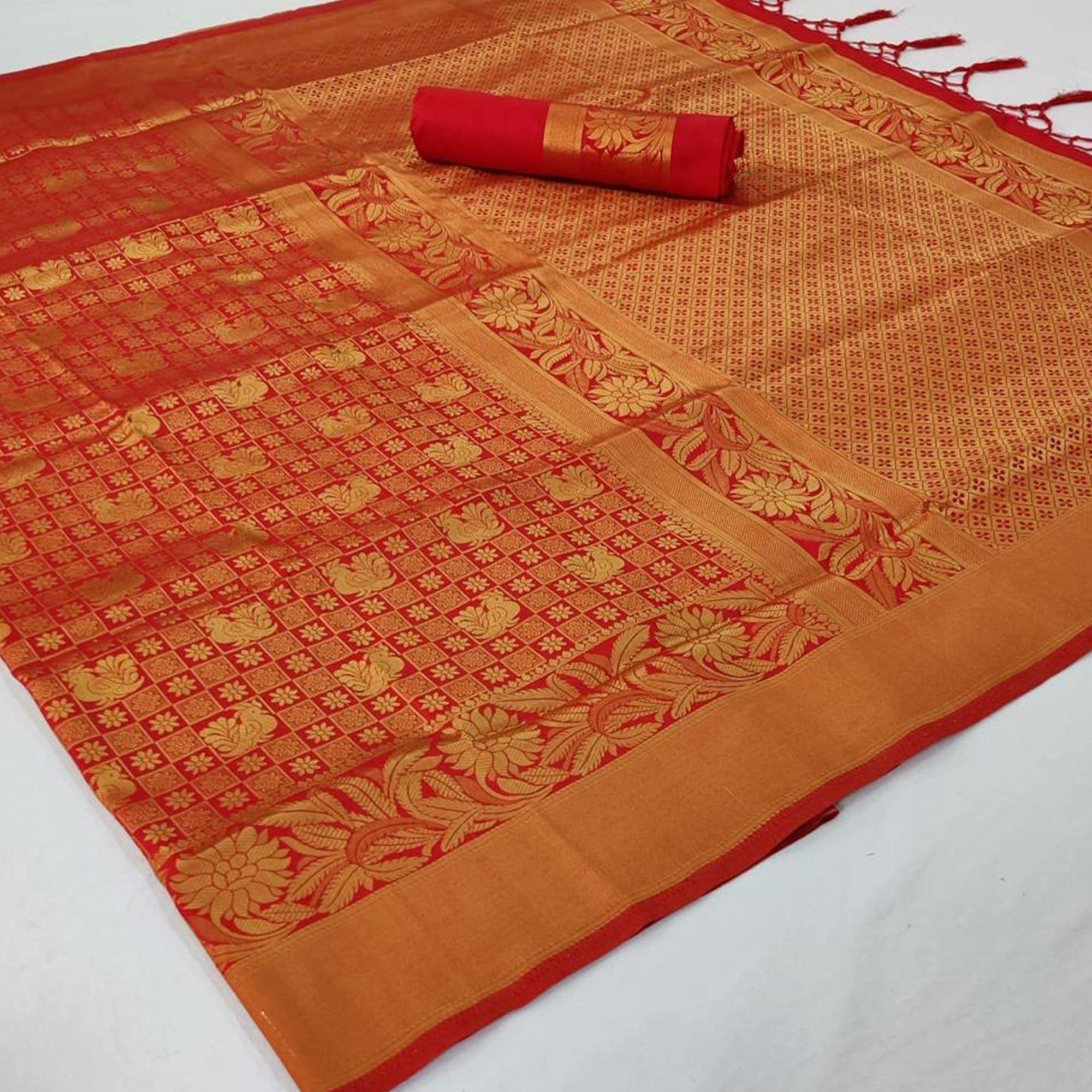 Dazzling Red Colored Festive Wear Woven Silk Saree With Tassels - Peachmode