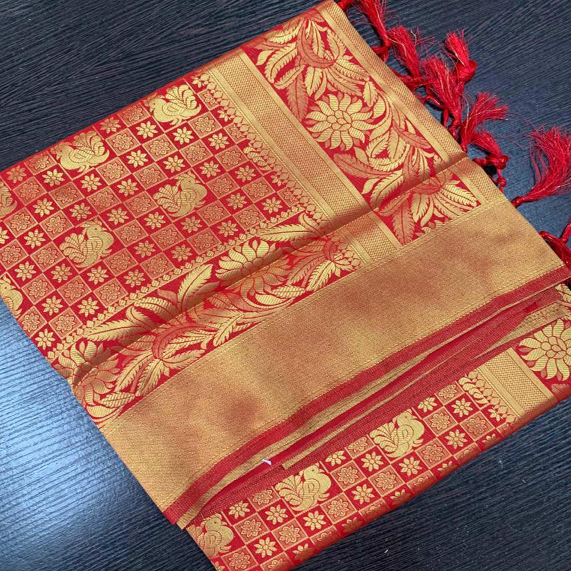 Dazzling Red Colored Festive Wear Woven Silk Saree With Tassels - Peachmode