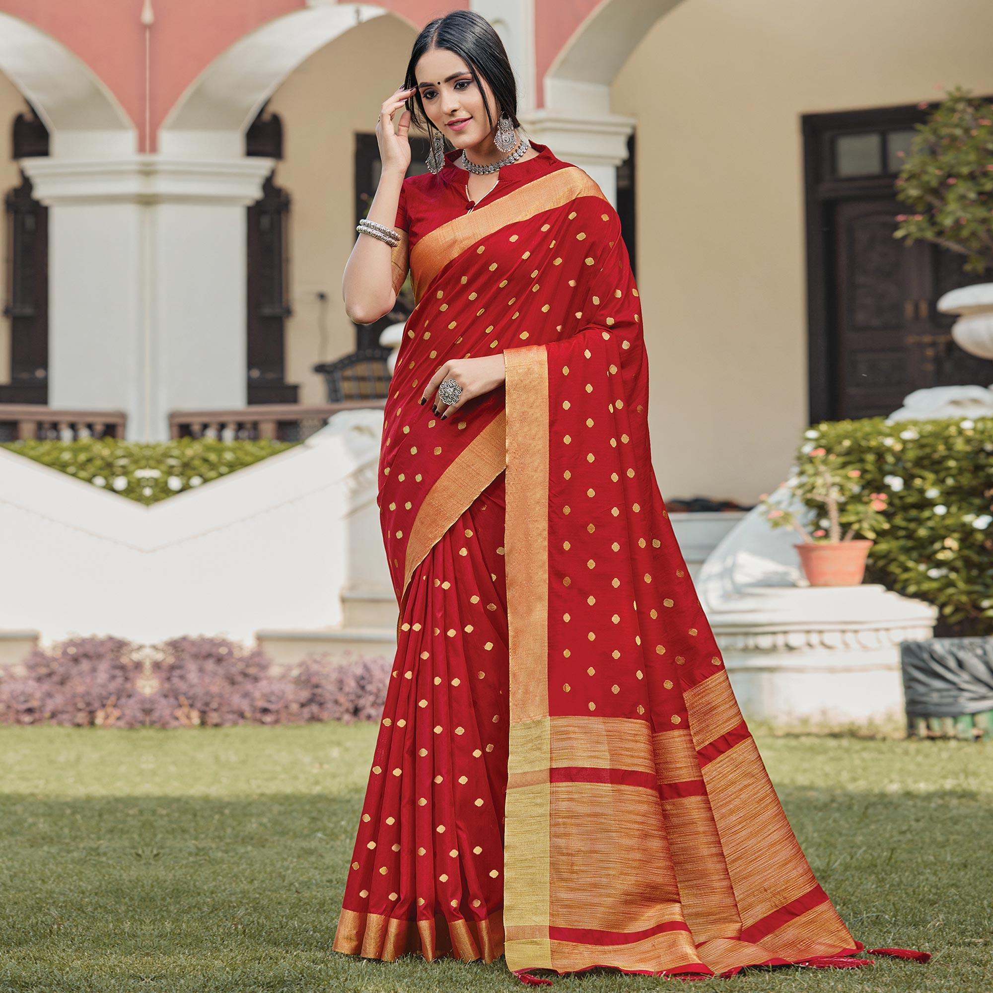 Dazzling Red Coloured Casual Wear Woven Handloom Silk Saree - Peachmode
