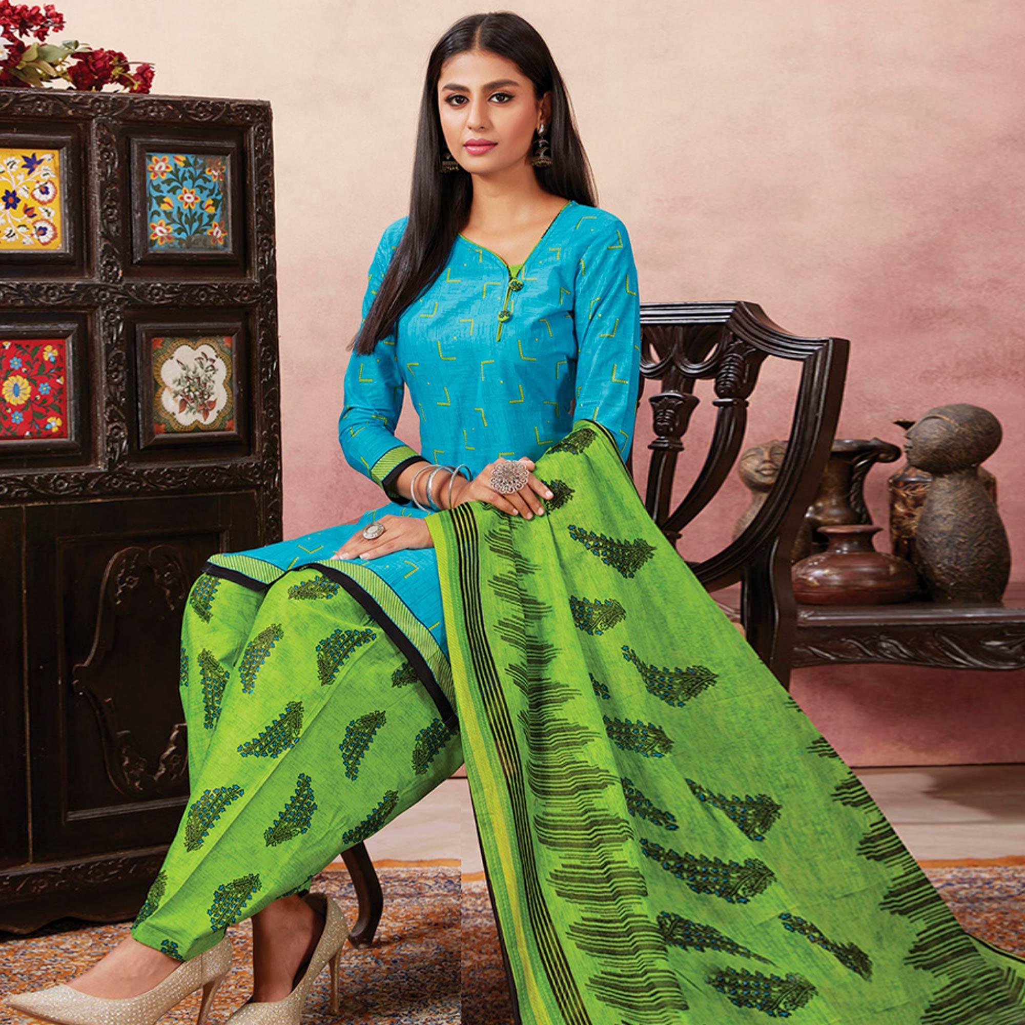 Dazzling Sky Blue Colored Casual Wear Printed Pure Cotton Patiala Dress Material - Peachmode
