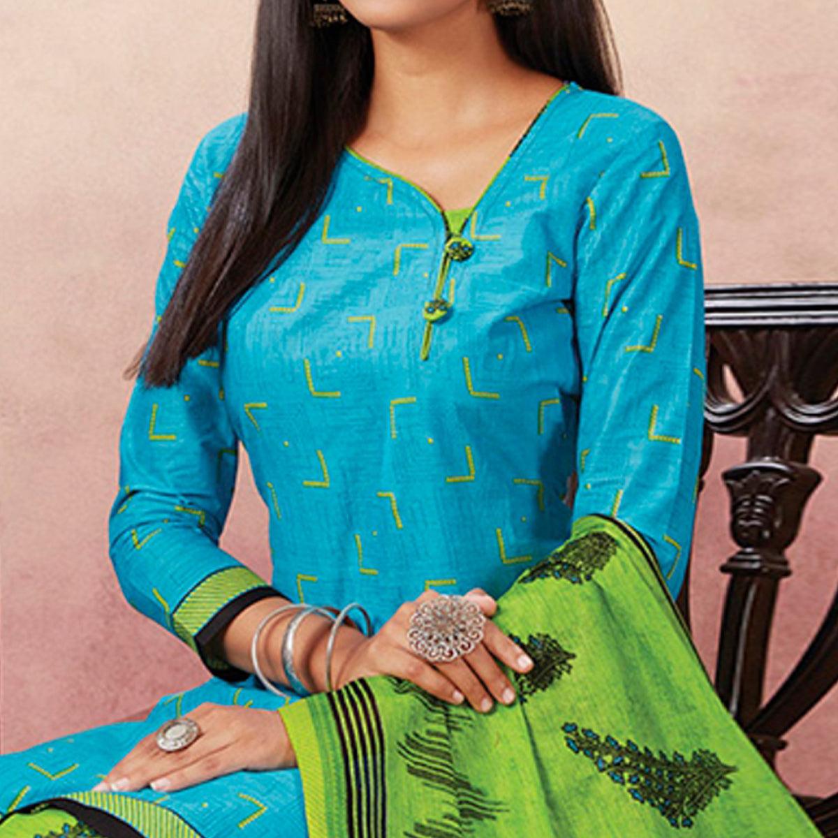 Dazzling Sky Blue Colored Casual Wear Printed Pure Cotton Patiala Dress Material - Peachmode