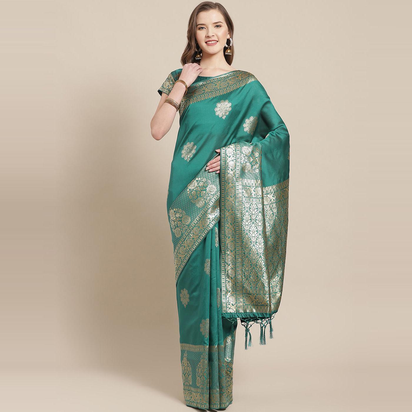 Dazzling Teal Green Colored Festive Wear Woven Silk Blend Saree - Peachmode