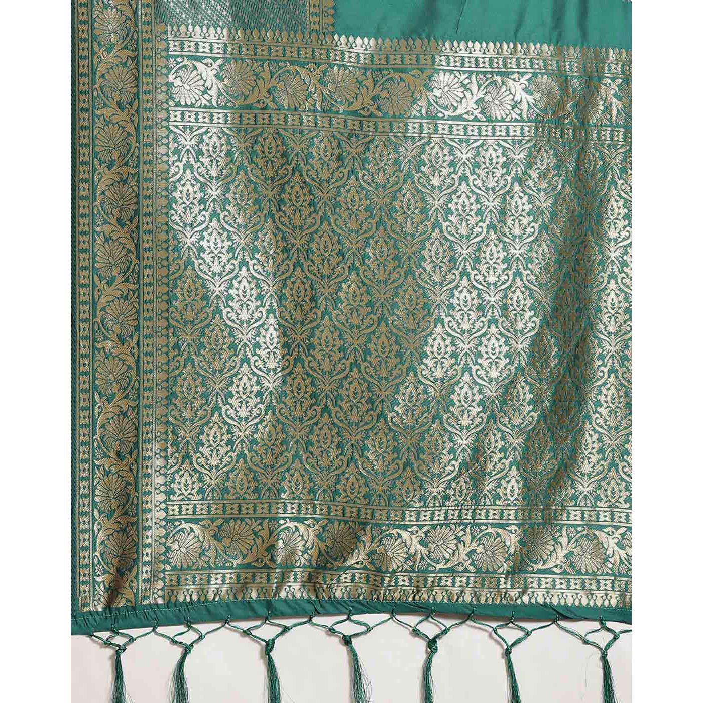 Dazzling Teal Green Colored Festive Wear Woven Silk Blend Saree - Peachmode