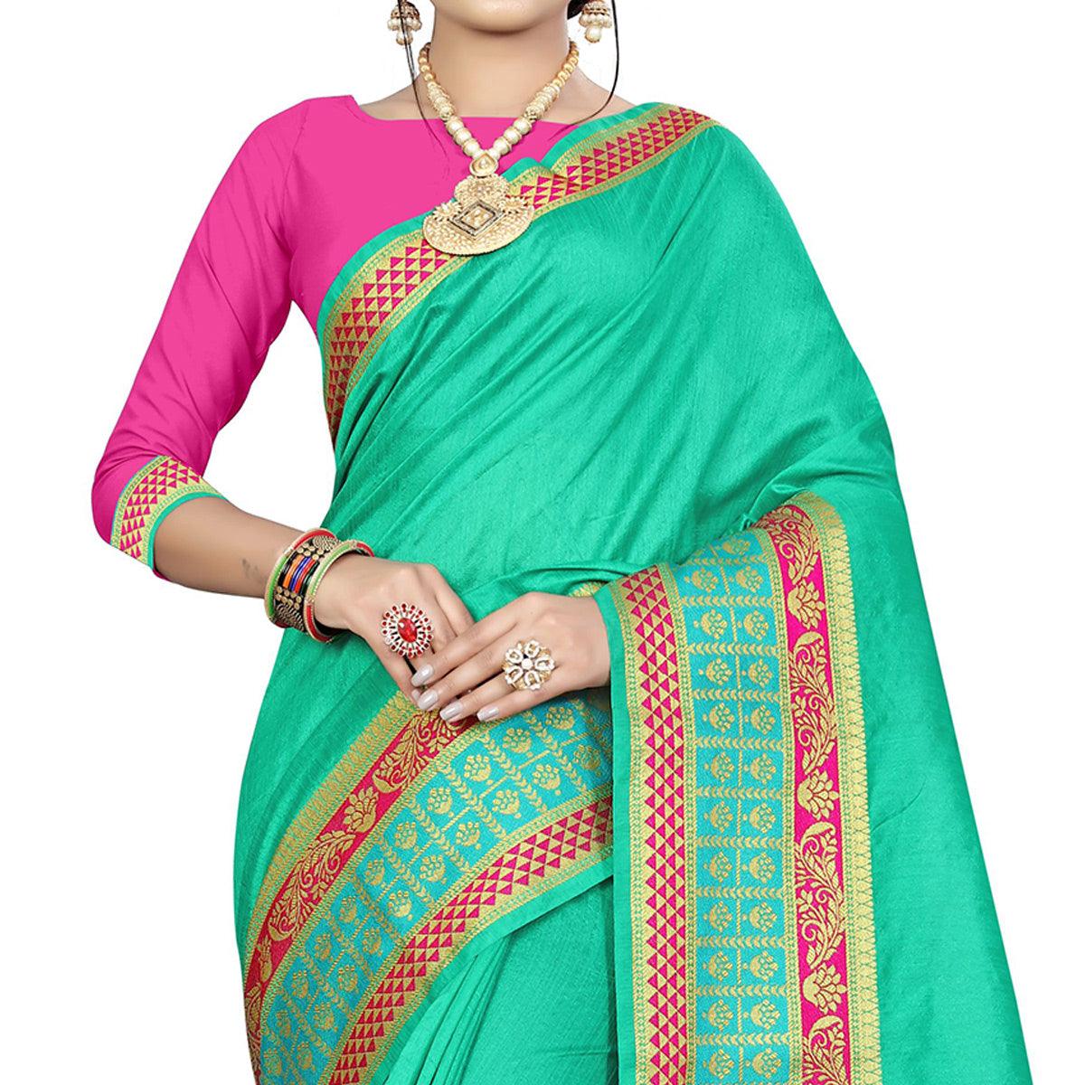 Dazzling Turquoise Green Colored Festive Wear Woven Art Silk Saree - Peachmode