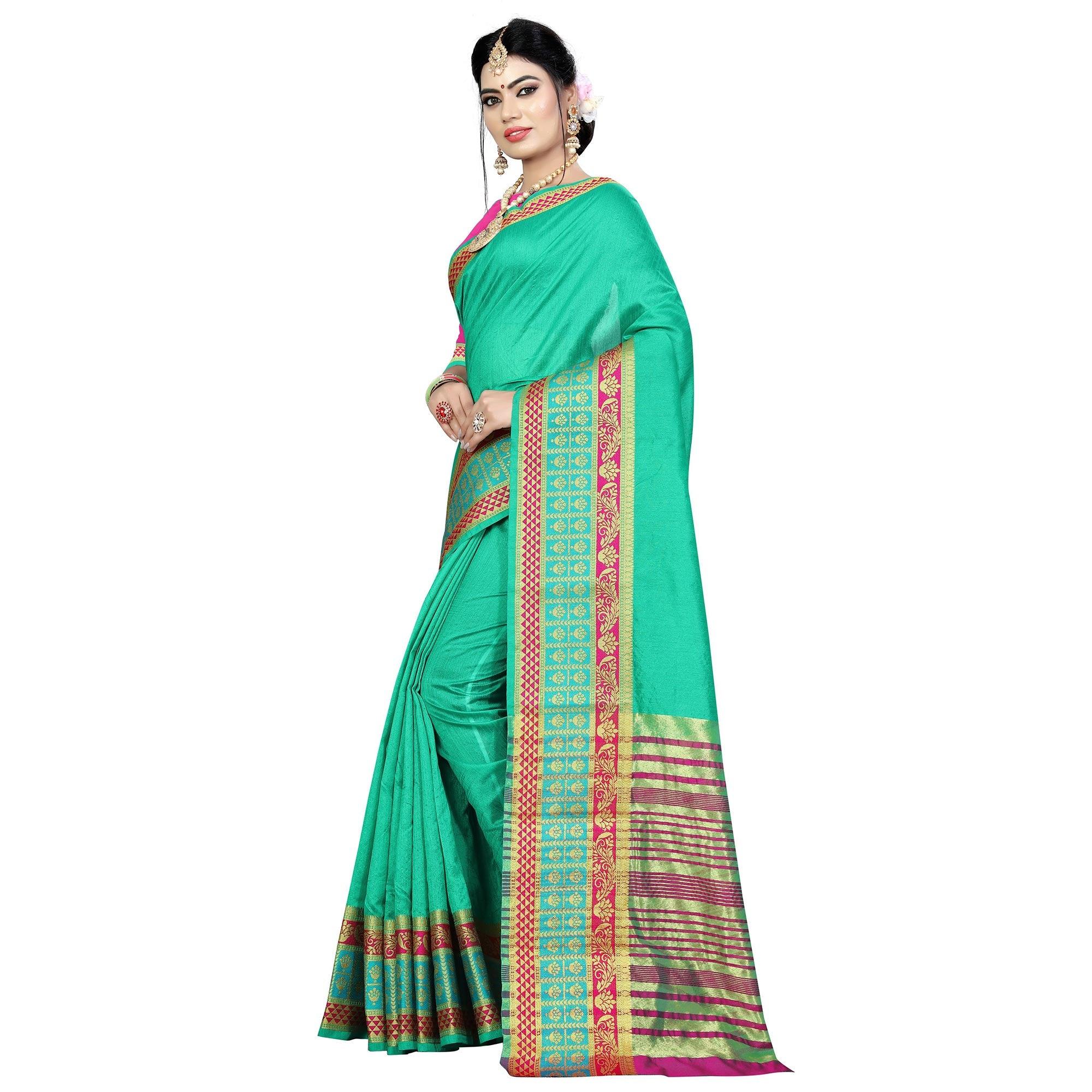 Dazzling Turquoise Green Colored Festive Wear Woven Art Silk Saree - Peachmode