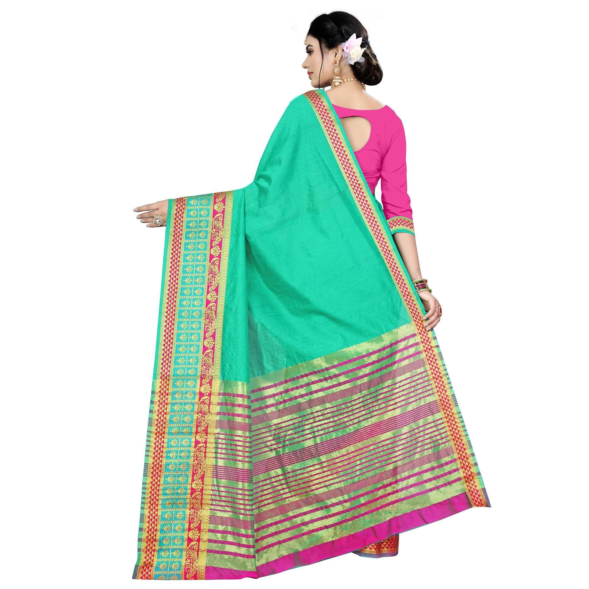 Dazzling Turquoise Green Colored Festive Wear Woven Art Silk Saree - Peachmode