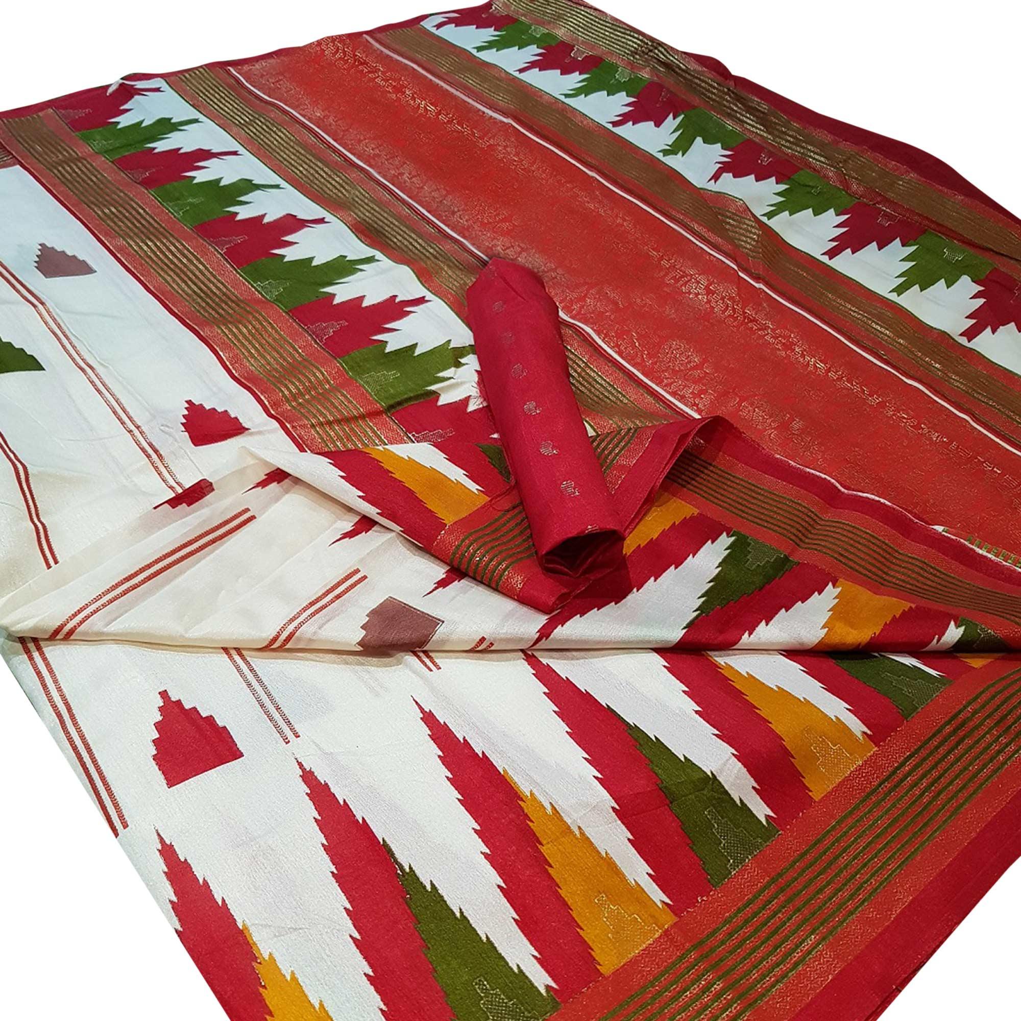 Dazzling White Colored Festive Wear Foil Printed Silk Saree - Peachmode