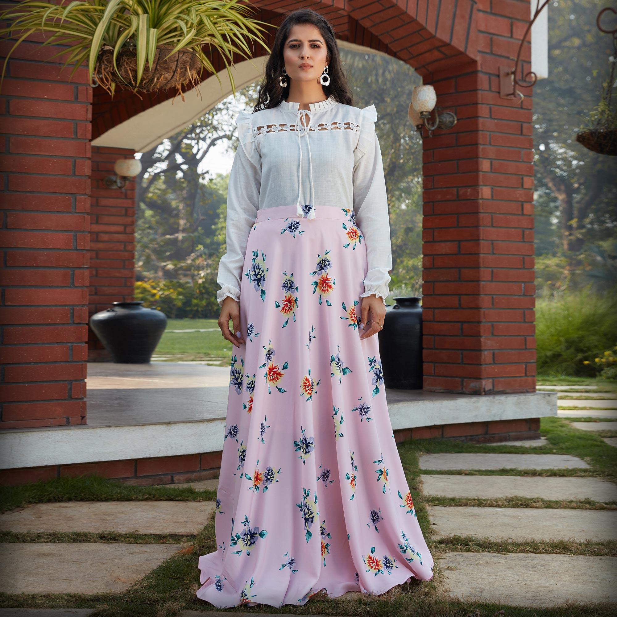 Dazzling White - Pink Colored Casual Wear Printed Western Crop Top - Skirt Set - Peachmode