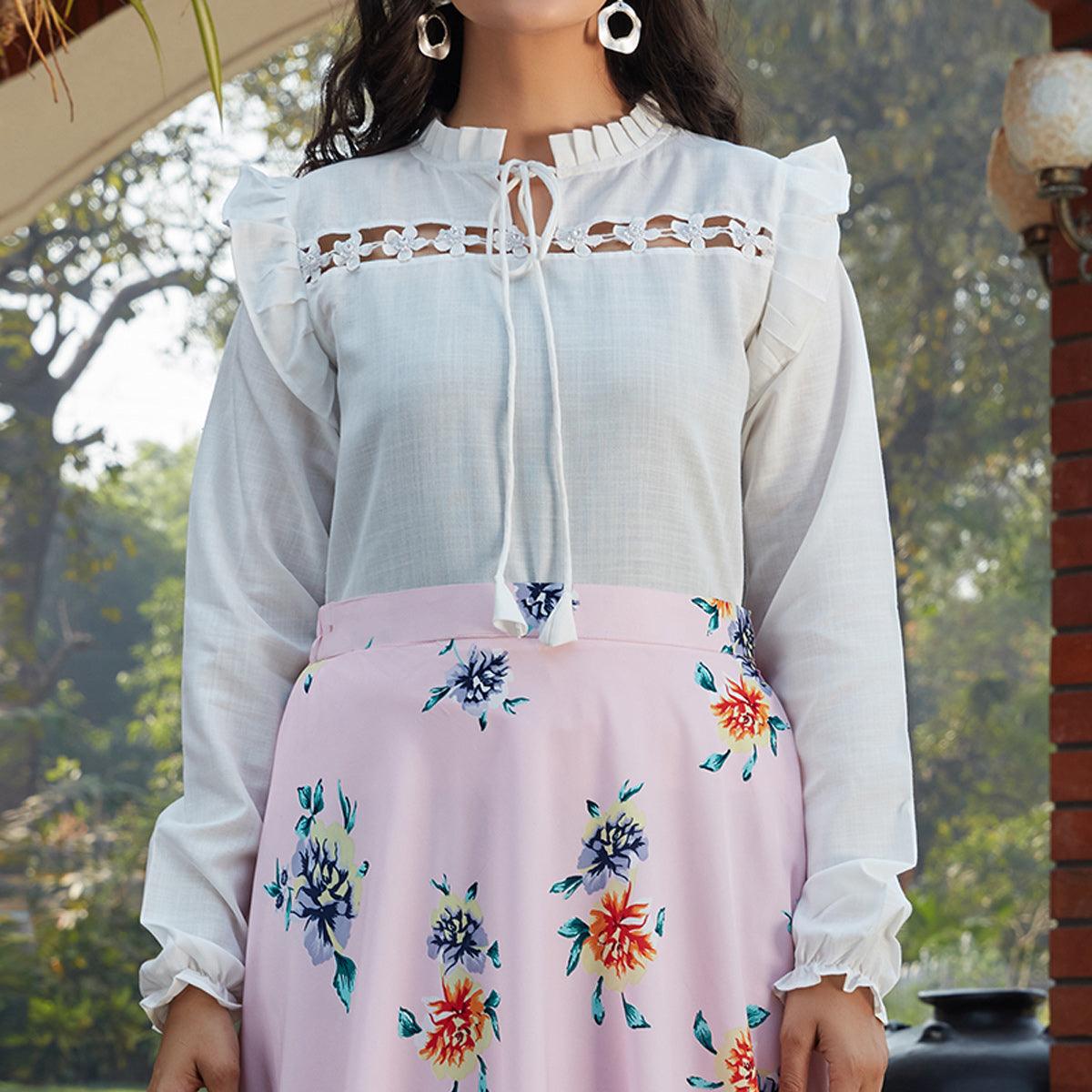 Dazzling White - Pink Colored Casual Wear Printed Western Crop Top - Skirt Set - Peachmode