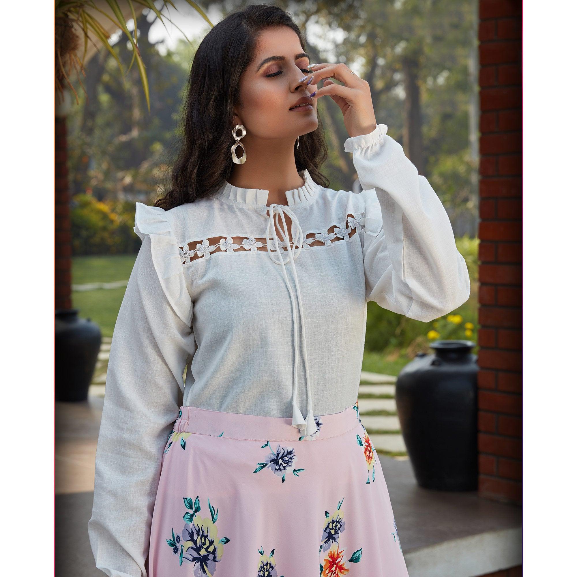 Dazzling White - Pink Colored Casual Wear Printed Western Crop Top - Skirt Set - Peachmode