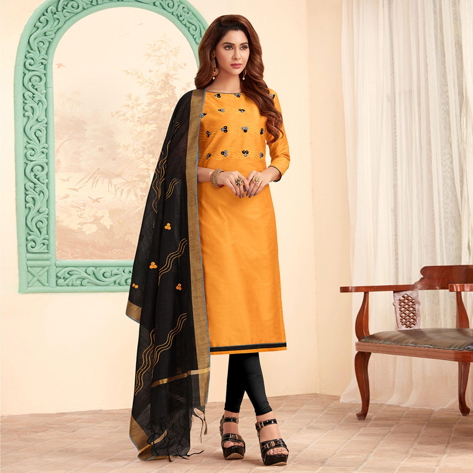 Dazzling Yellow Colored Casual Wear Embroidered Cotton Dress Material - Peachmode