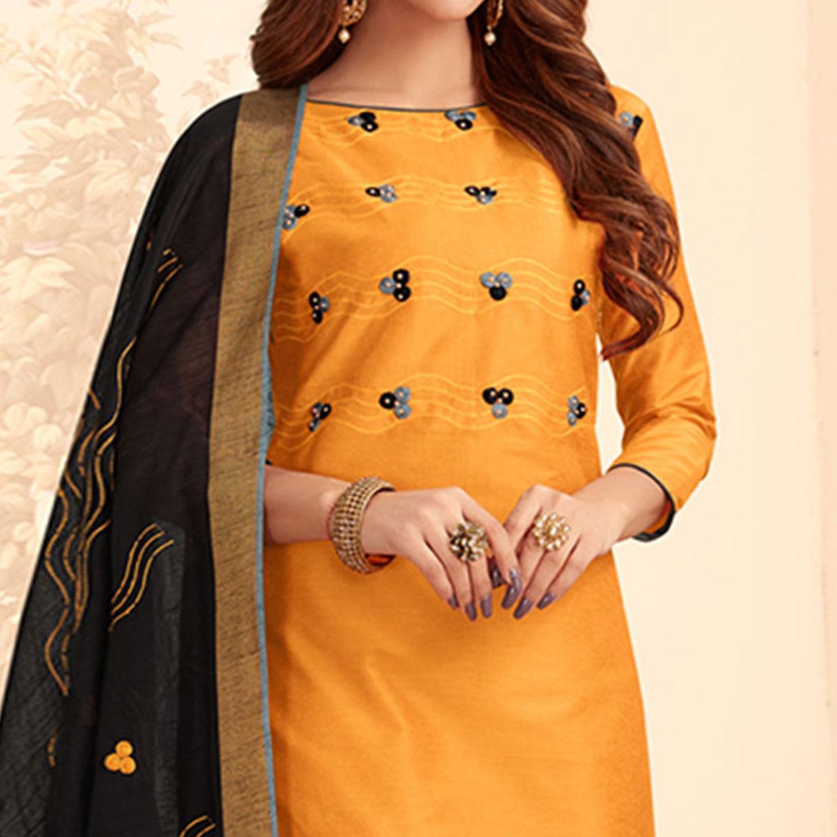 Dazzling Yellow Colored Casual Wear Embroidered Cotton Dress Material - Peachmode