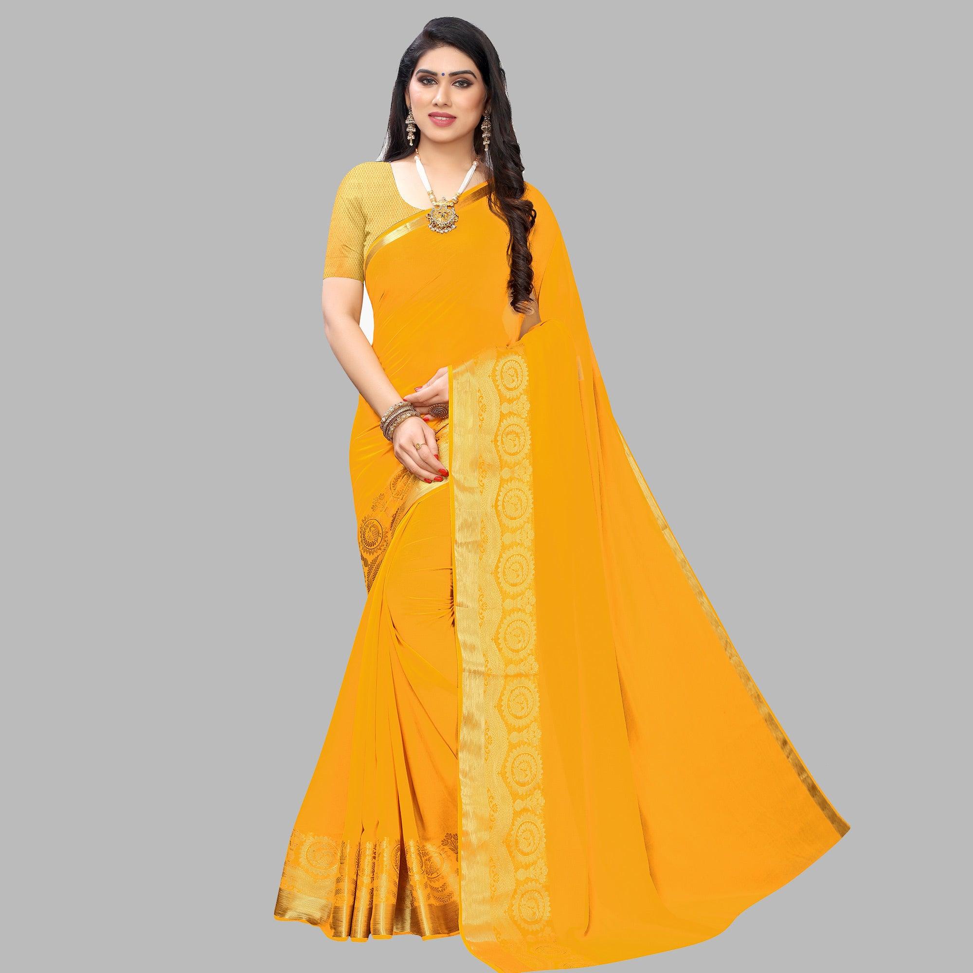 Dazzling Yellow Colored Festive Wear Woven Chiffon Saree - Peachmode