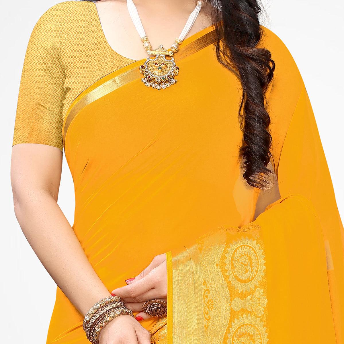 Dazzling Yellow Colored Festive Wear Woven Chiffon Saree - Peachmode