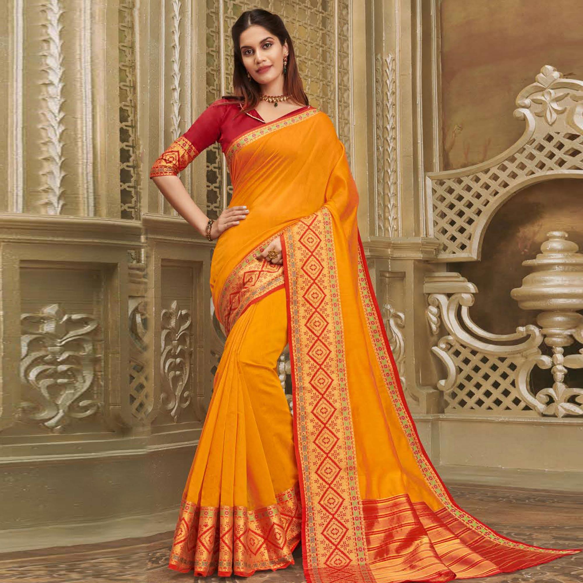 Dazzling Yellow Colored Festive Wear Woven Cotton Handloom Saree - Peachmode