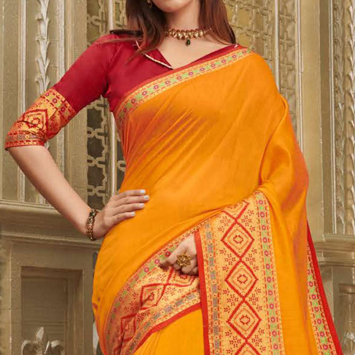 Dazzling Yellow Colored Festive Wear Woven Cotton Handloom Saree - Peachmode