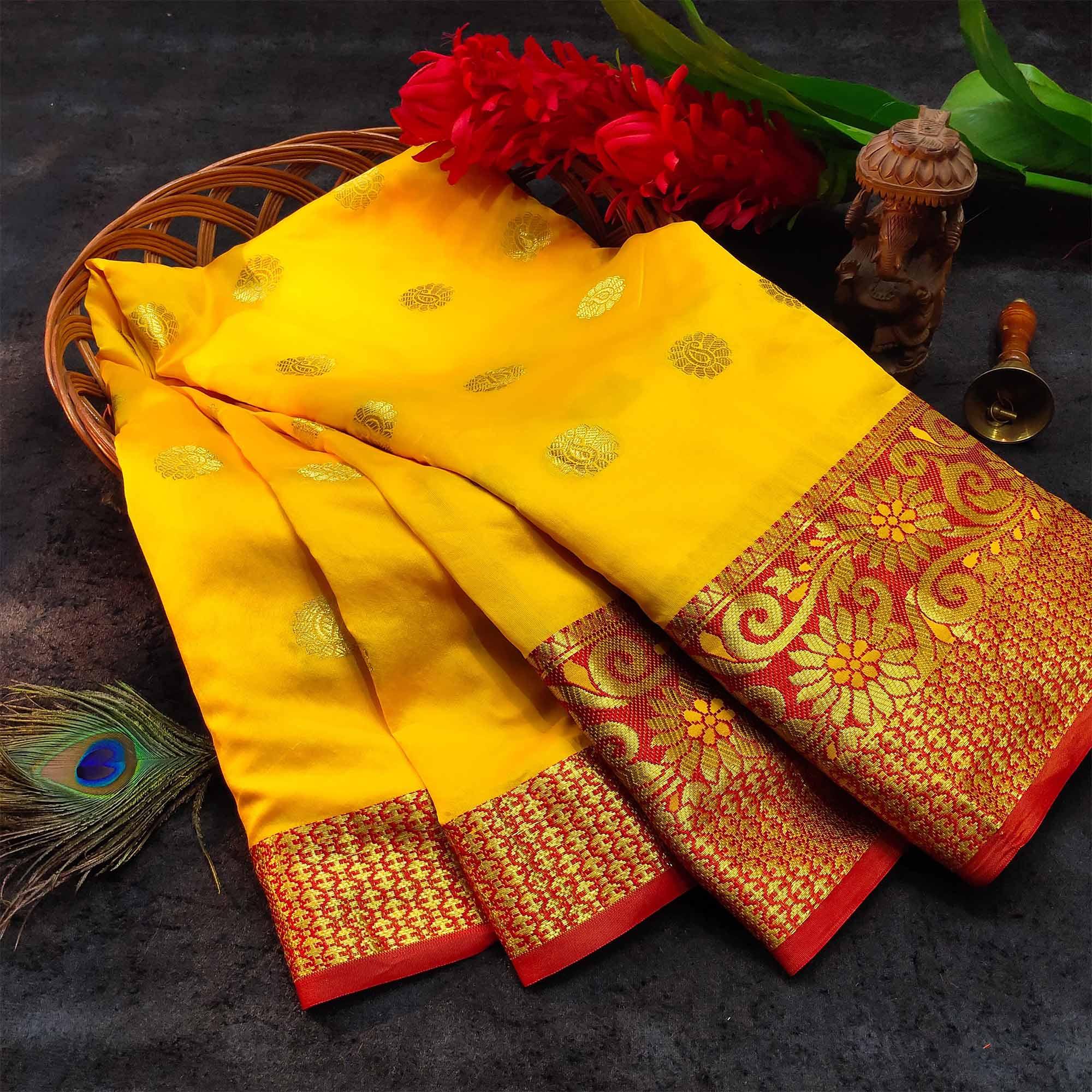 Dazzling Yellow Colored Festive Wear Woven Kanjivaram Silk Saree - Peachmode