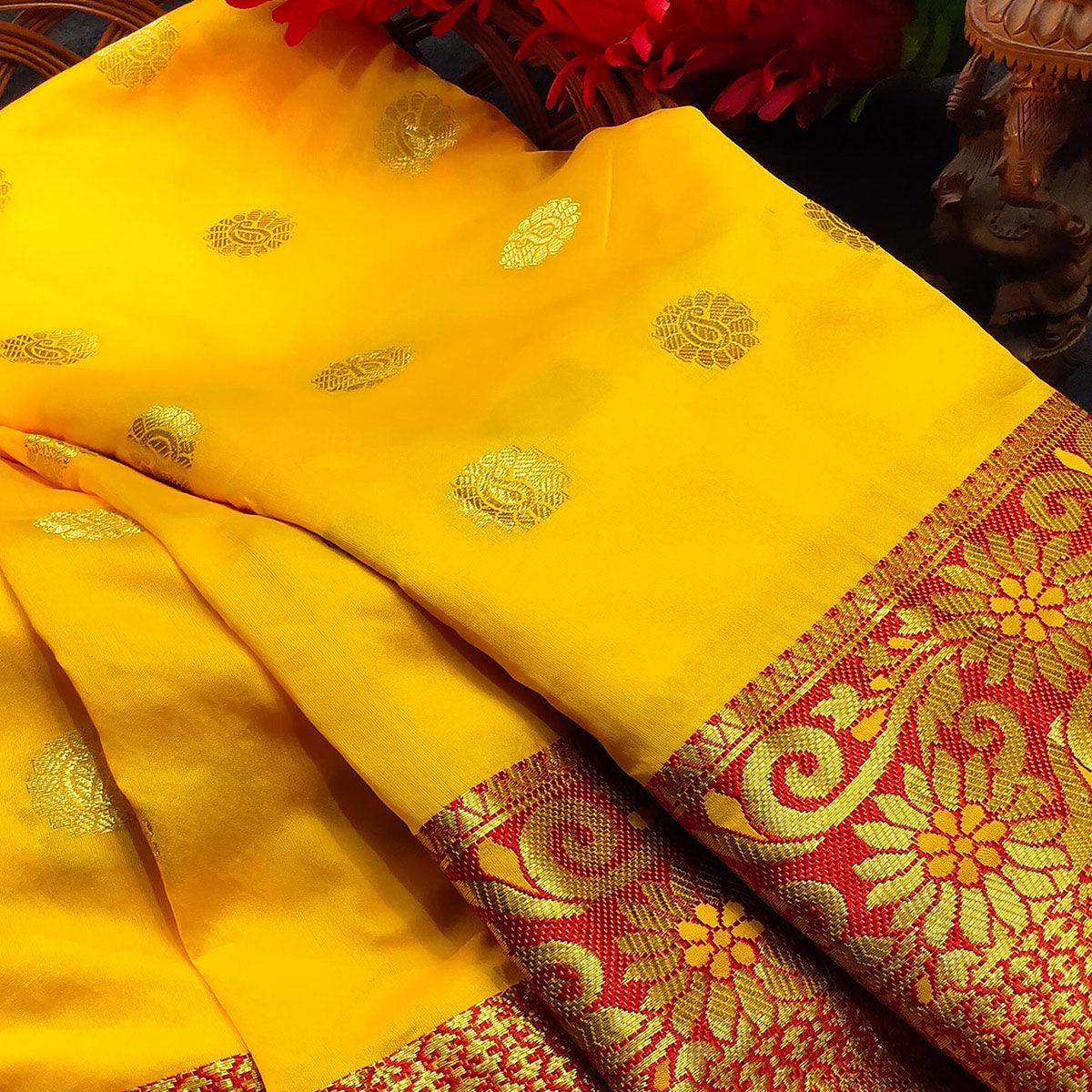 Dazzling Yellow Colored Festive Wear Woven Kanjivaram Silk Saree - Peachmode