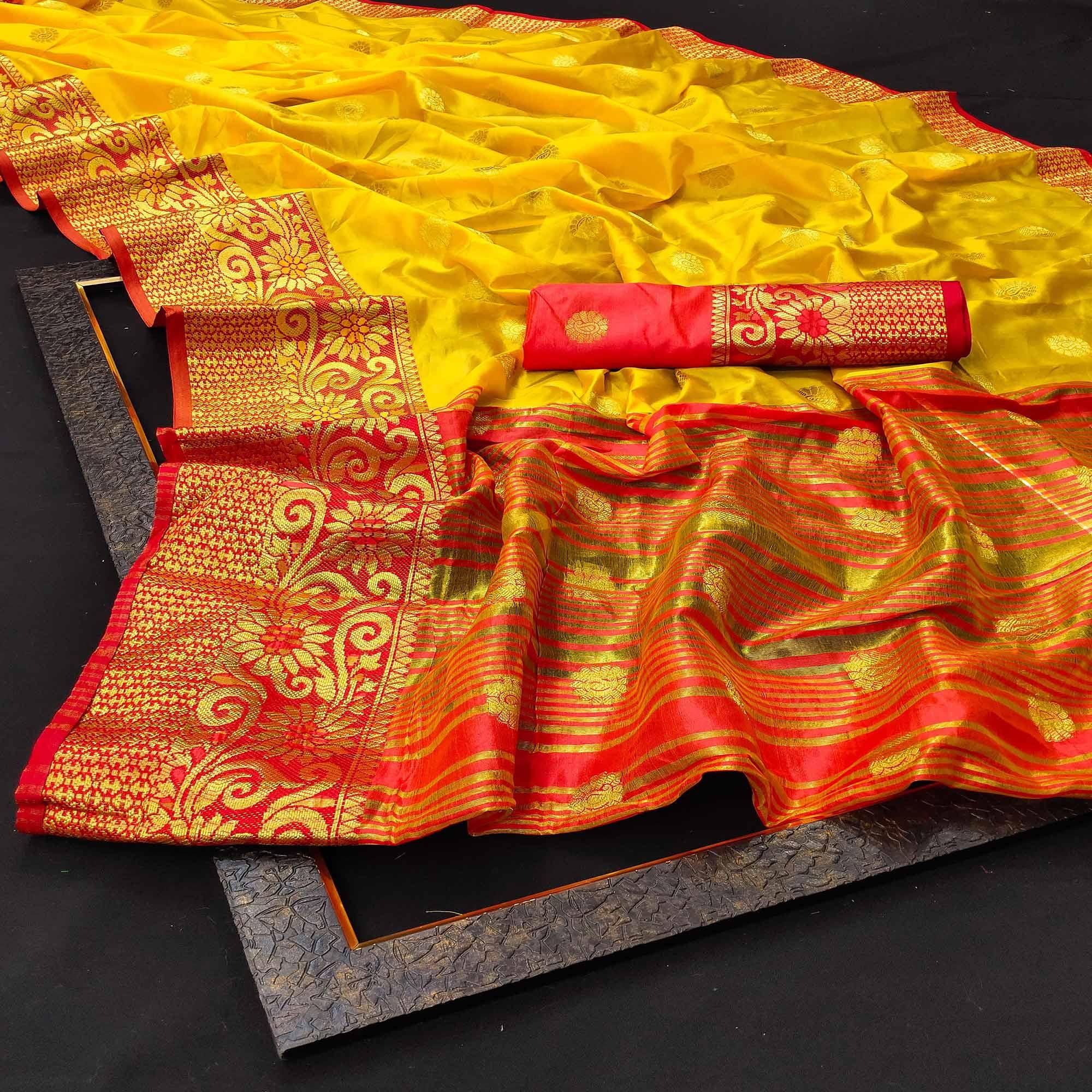 Dazzling Yellow Colored Festive Wear Woven Kanjivaram Silk Saree - Peachmode