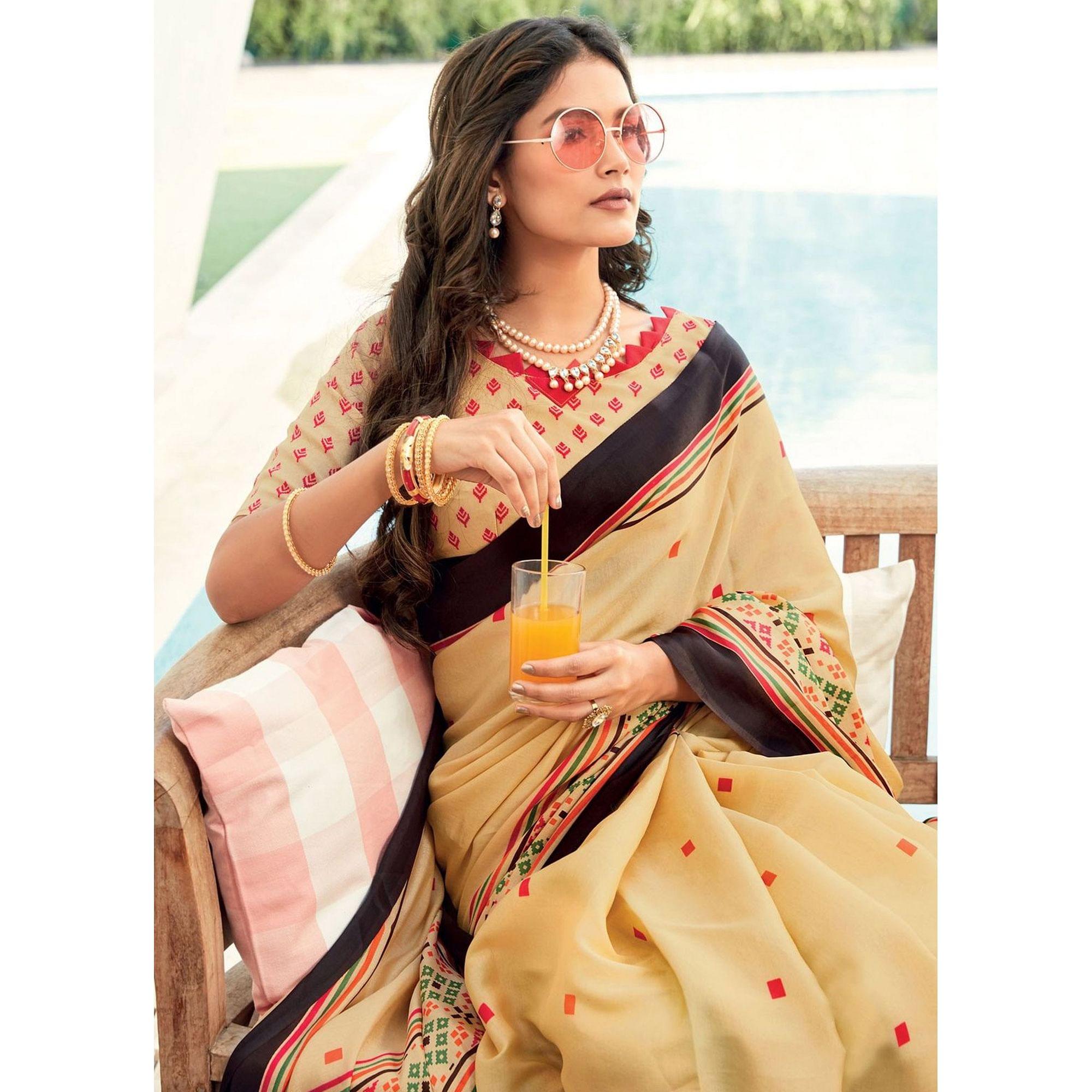 Dazzling Yellow Colored Partywear Printed Kora Satin Saree - Peachmode