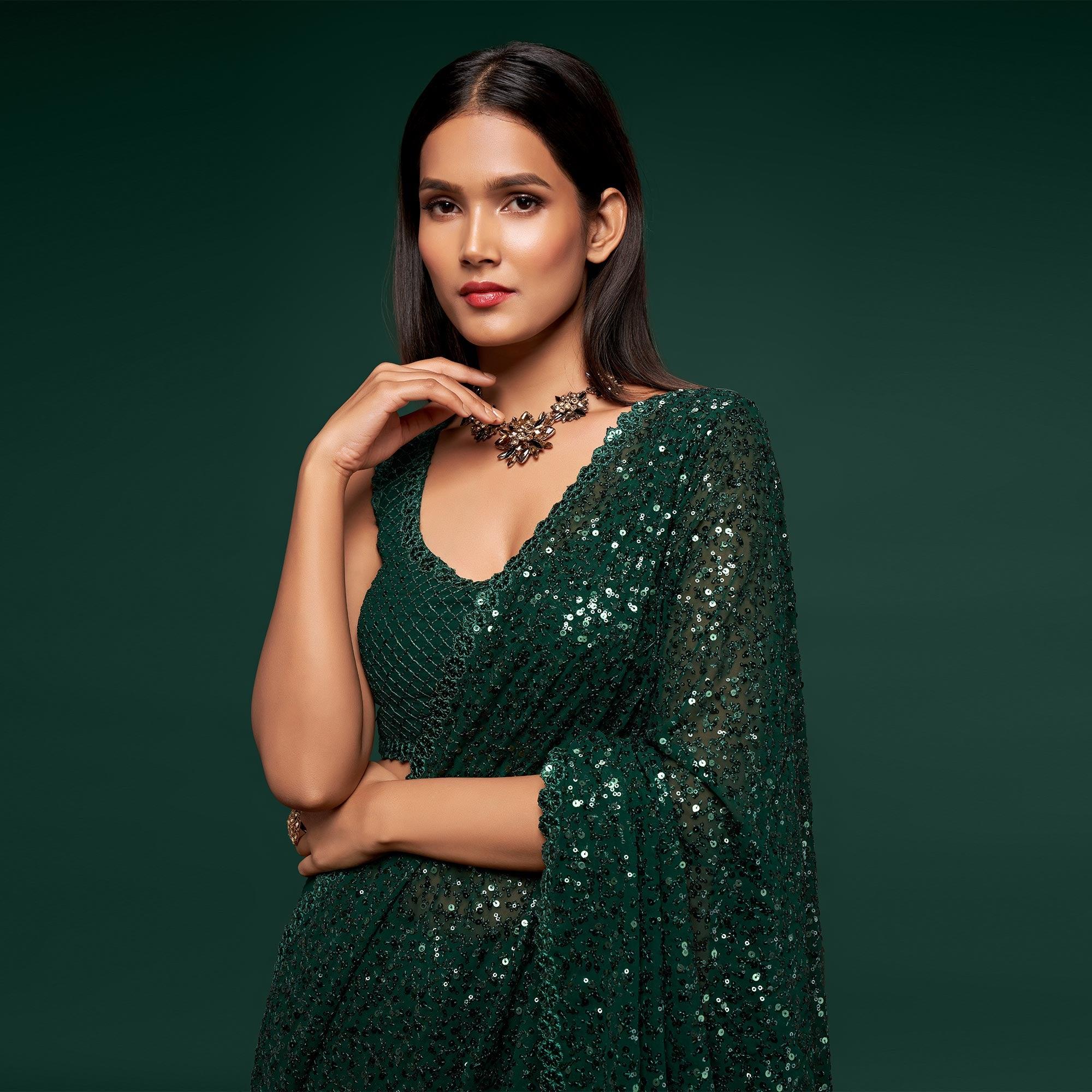 Deep Green Partywear Thread & Sequins Embroidered Georgette Saree - Peachmode