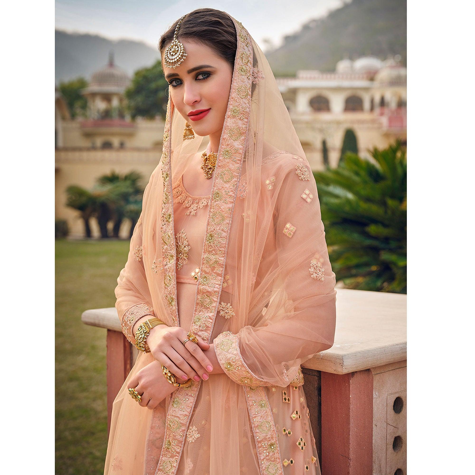 Deep Peach Embellished & Embroidered Net Lehenga Choli - Peachmode