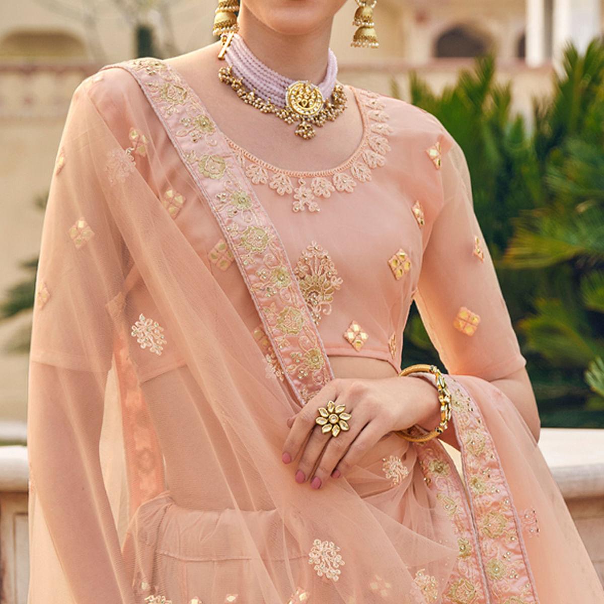 Deep Peach Embellished & Embroidered Net Lehenga Choli - Peachmode