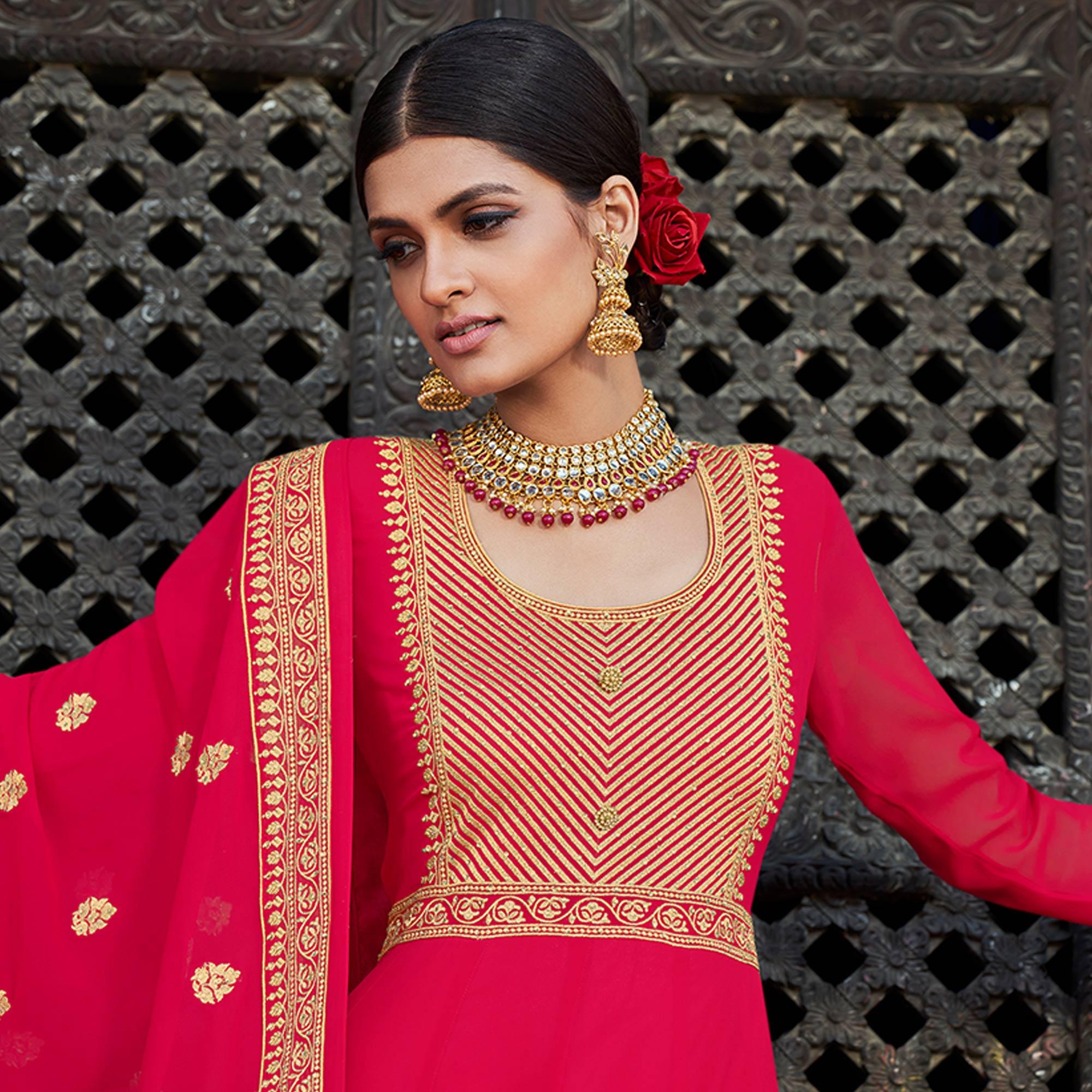 Deep Pink Embroidered Georgette Party Wear Gown - Peachmode