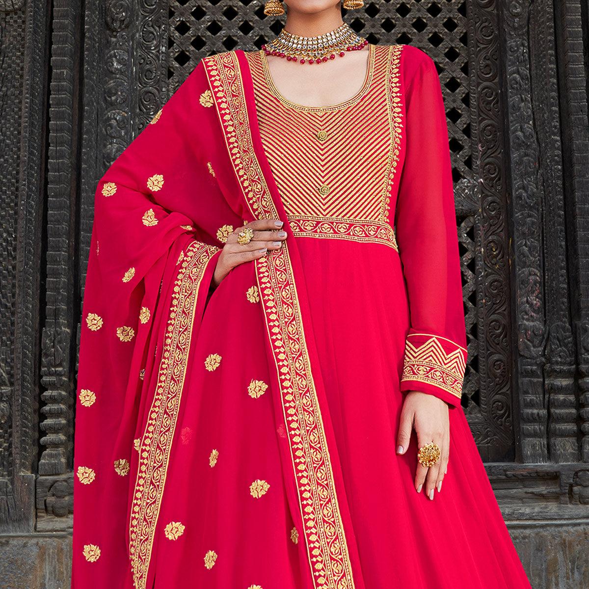 Deep Pink Embroidered Georgette Party Wear Gown - Peachmode