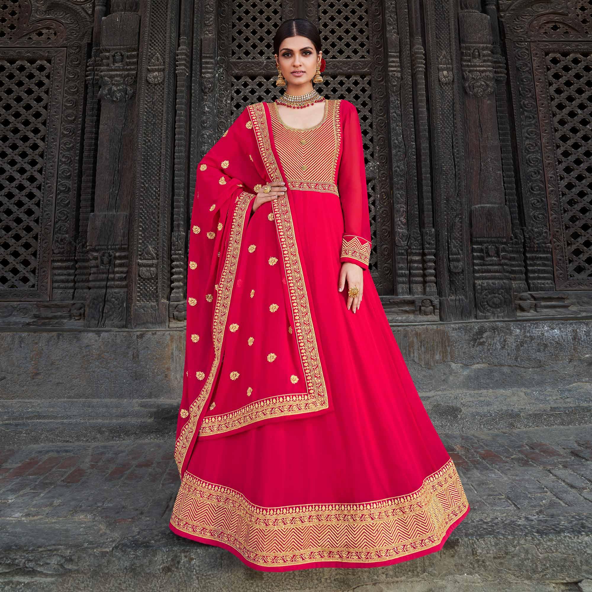Deep Pink Embroidered Georgette Party Wear Gown - Peachmode