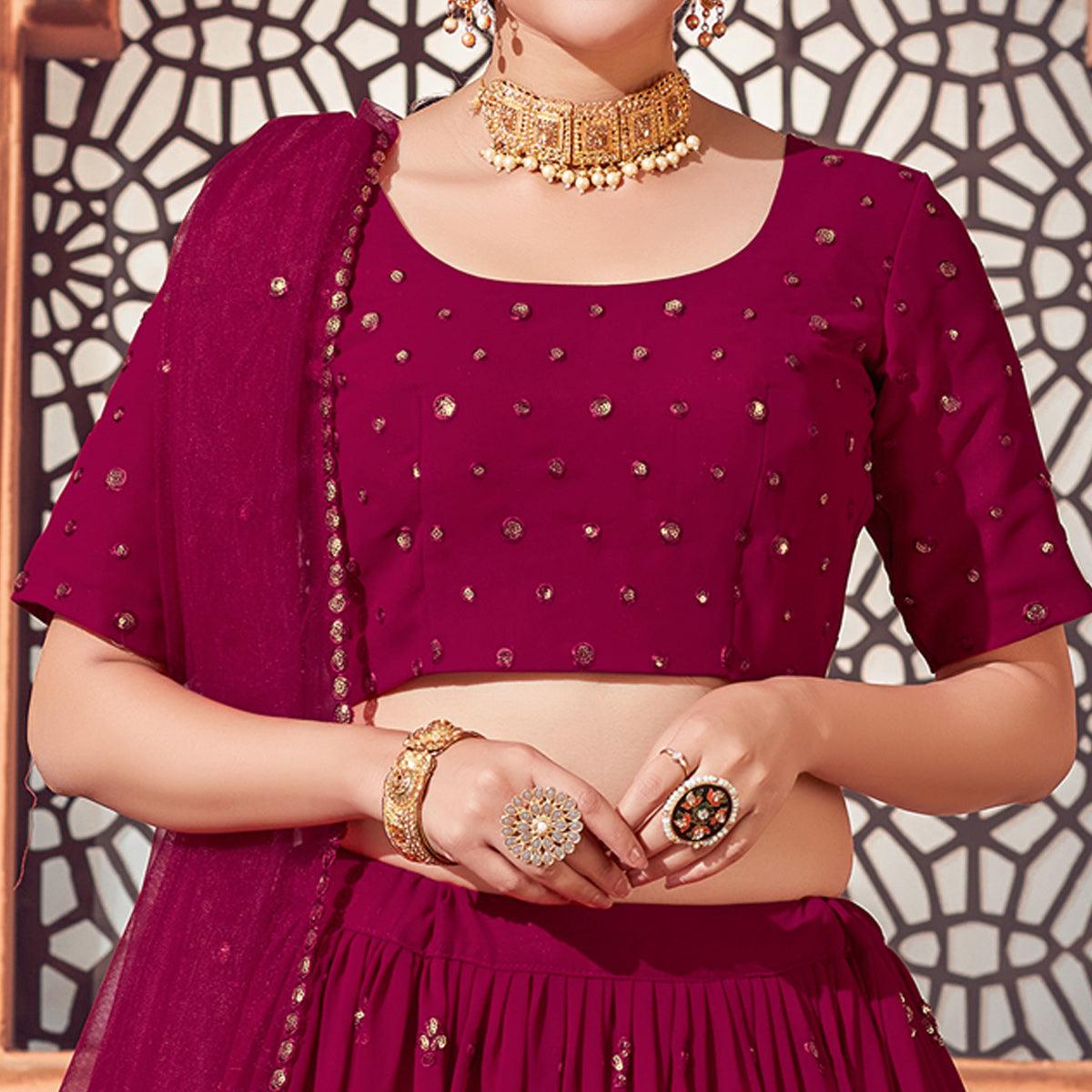 Deep Pink Festive Wear Thread with Sequence Embroidered Georgette Lehenga Choli - Peachmode