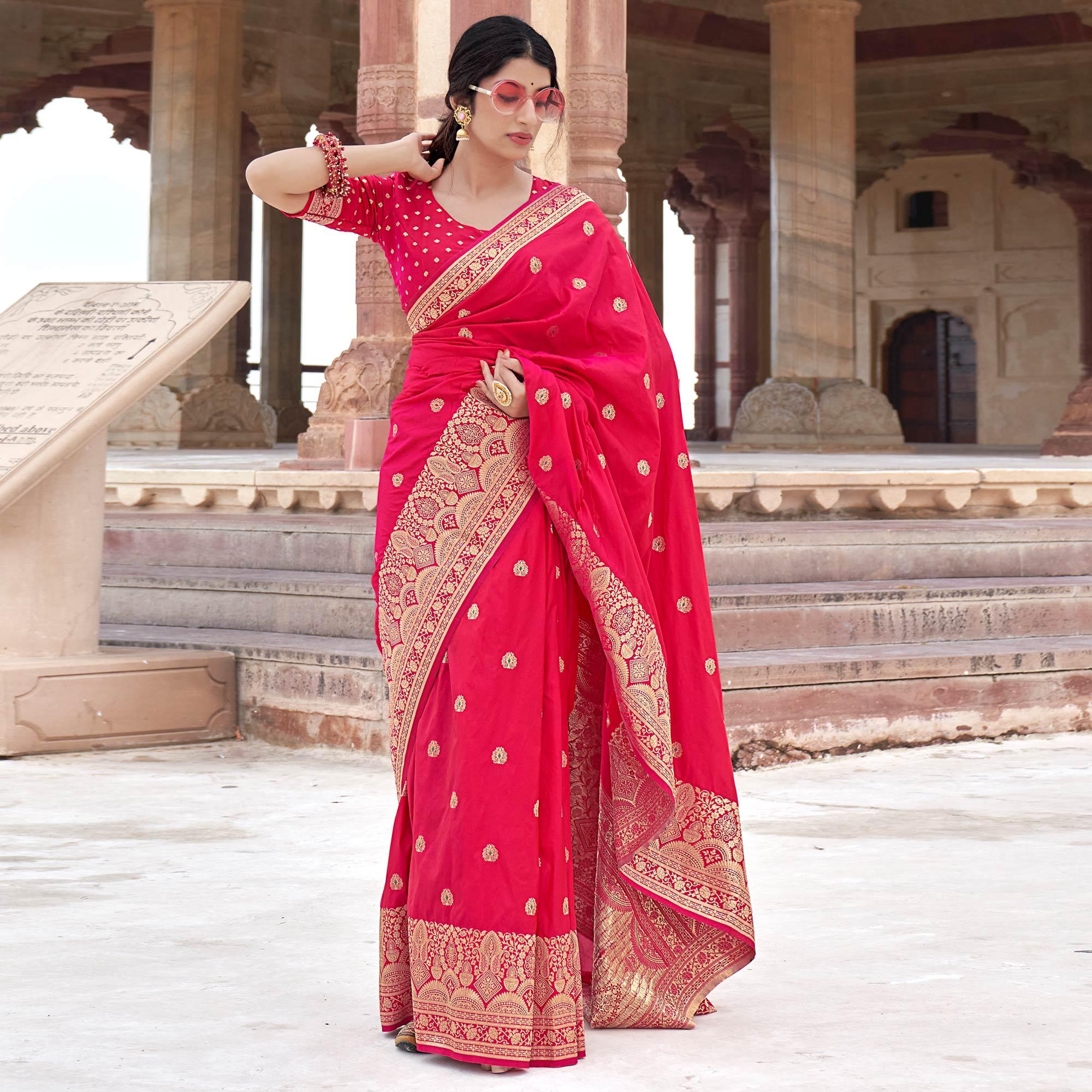 Deep Pink Festive Wear Woven Banarasi Silk Saree - Peachmode