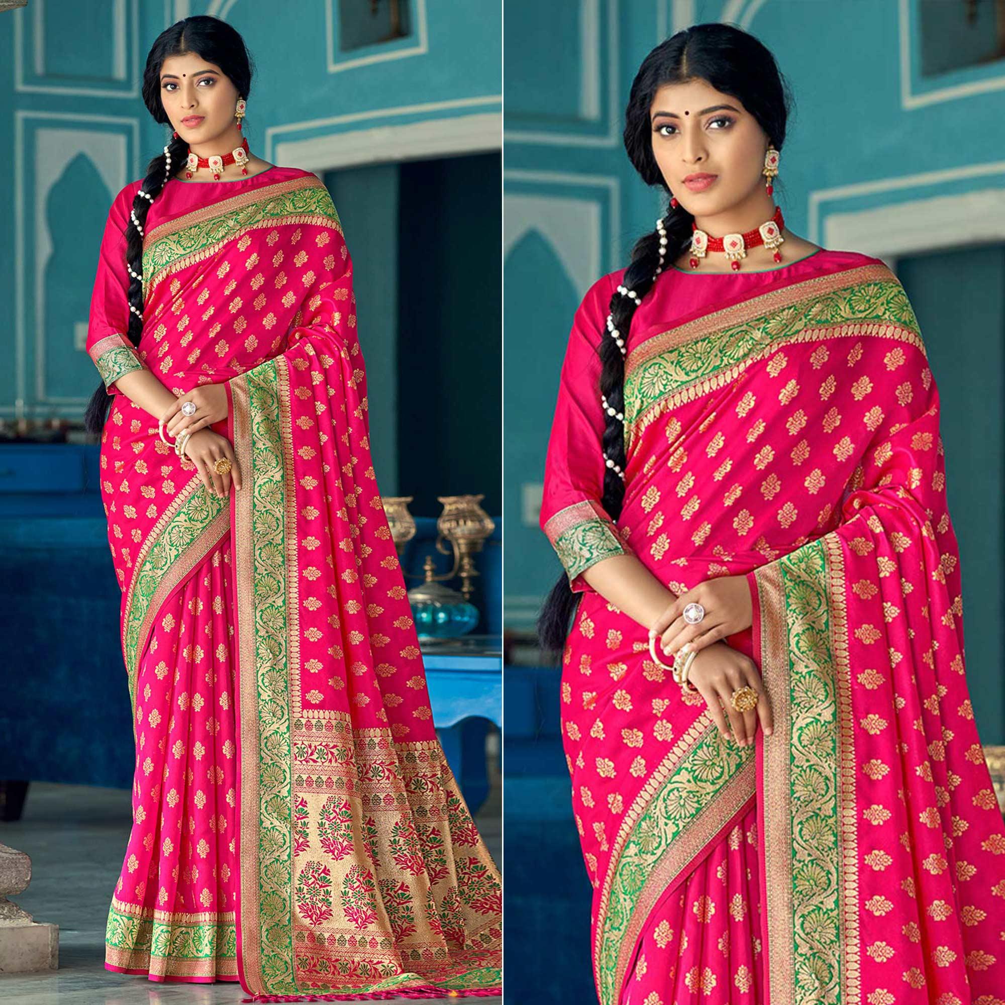 Deep Pink Festive Wear Woven Banarasi Silk Saree - Peachmode