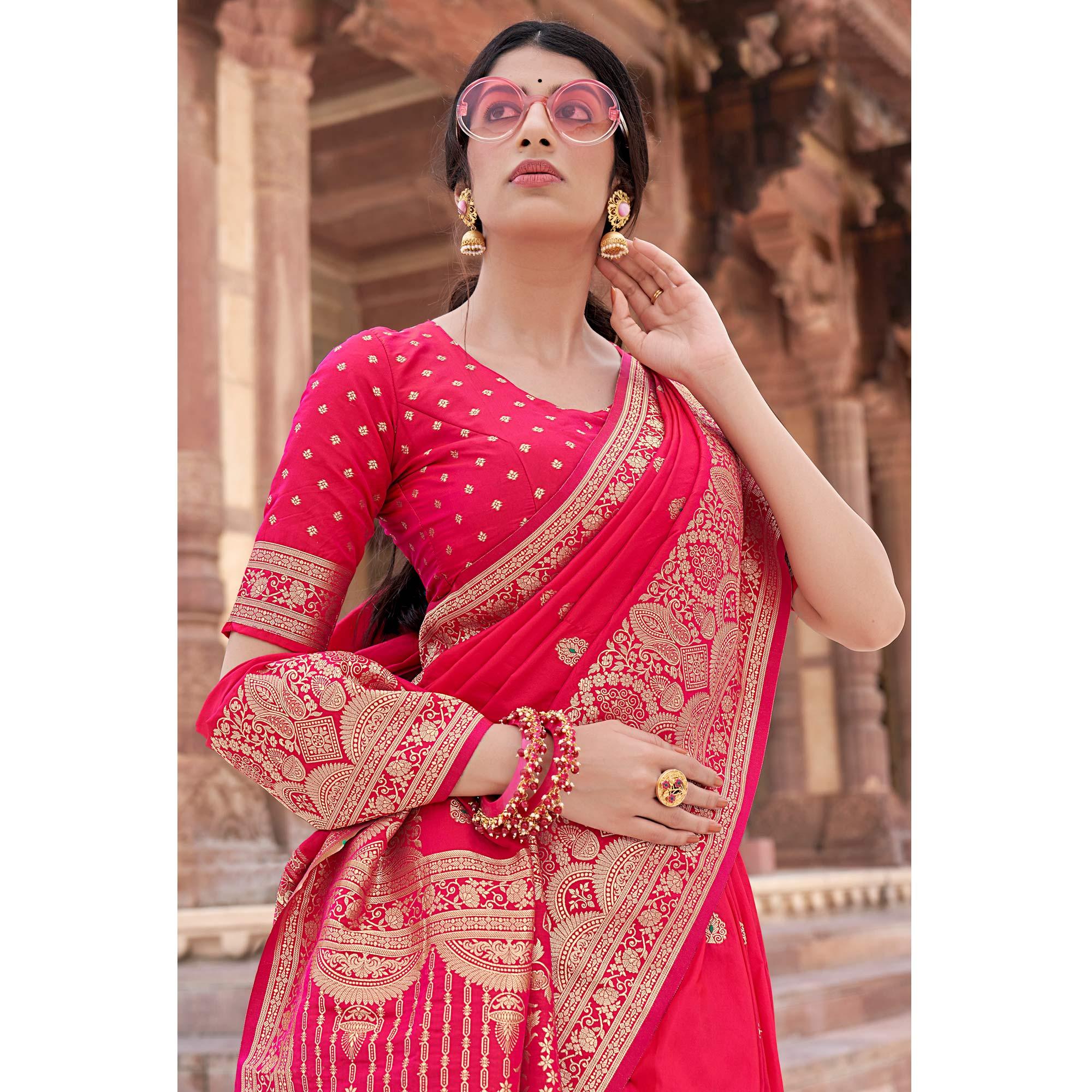 Deep Pink Festive Wear Woven Banarasi Silk Saree - Peachmode