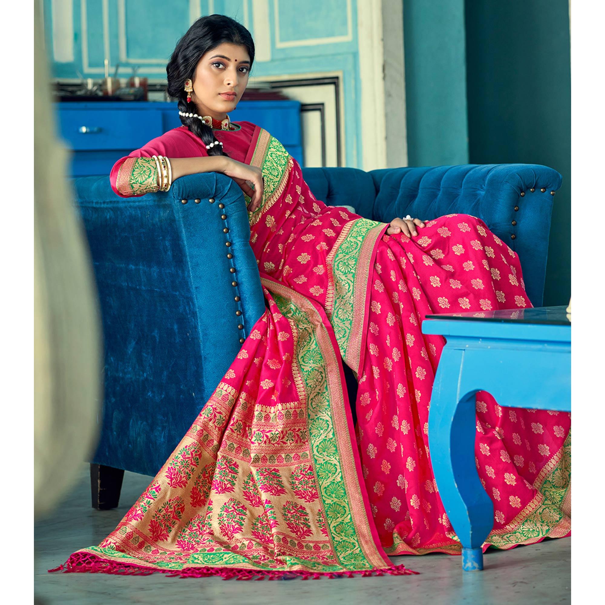 Deep Pink Festive Wear Woven Banarasi Silk Saree - Peachmode