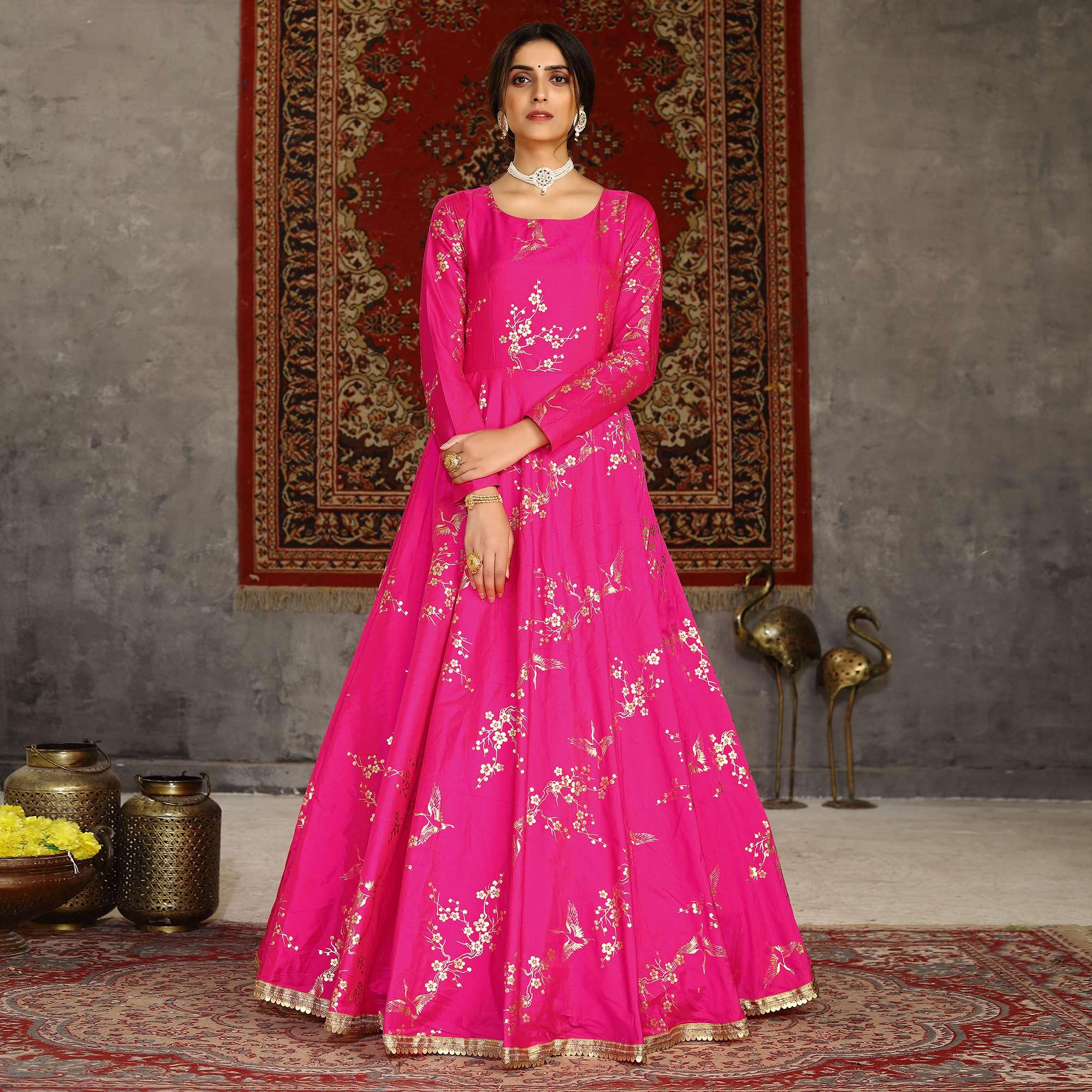 Deep Pink Party Wear Designer Metalic Foil Printed Work Taffeta Gown - Peachmode