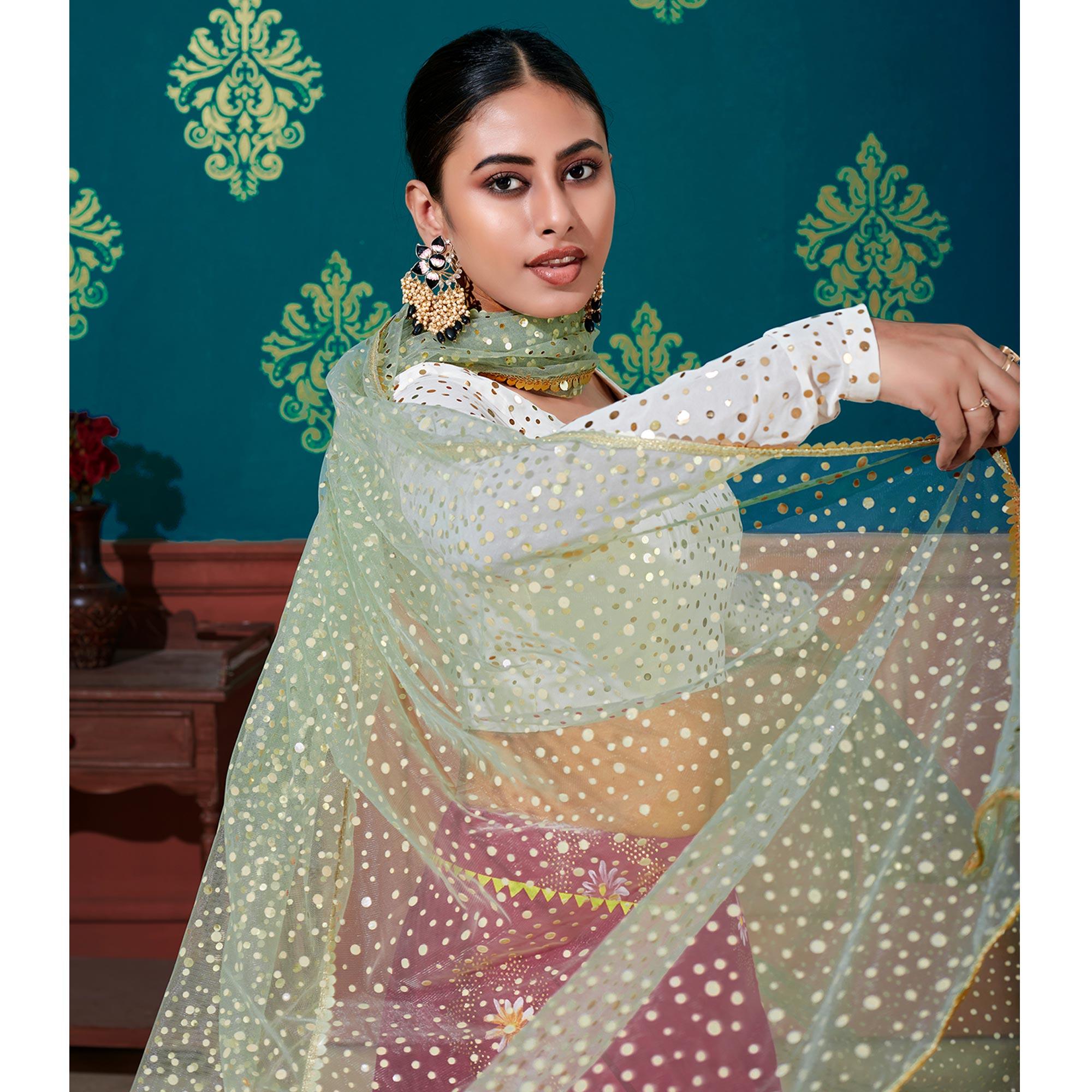 Deep Pink-White Wedding Wear Pigment Foil Printed Work Georgette Lehenga Choli - Peachmode