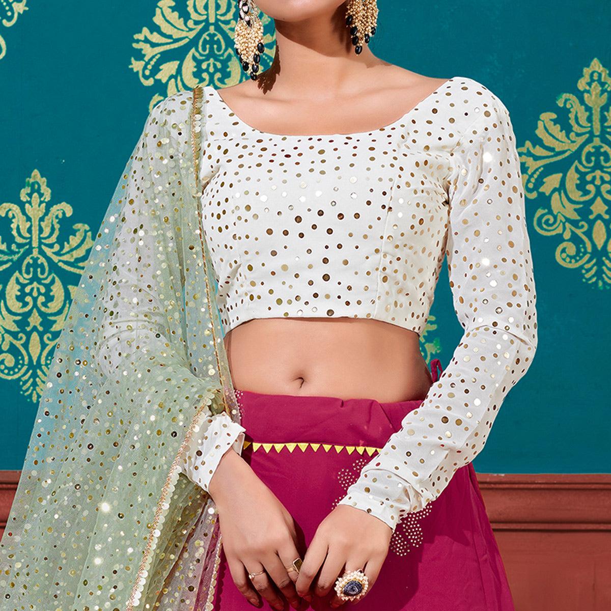 Deep Pink-White Wedding Wear Pigment Foil Printed Work Georgette Lehenga Choli - Peachmode