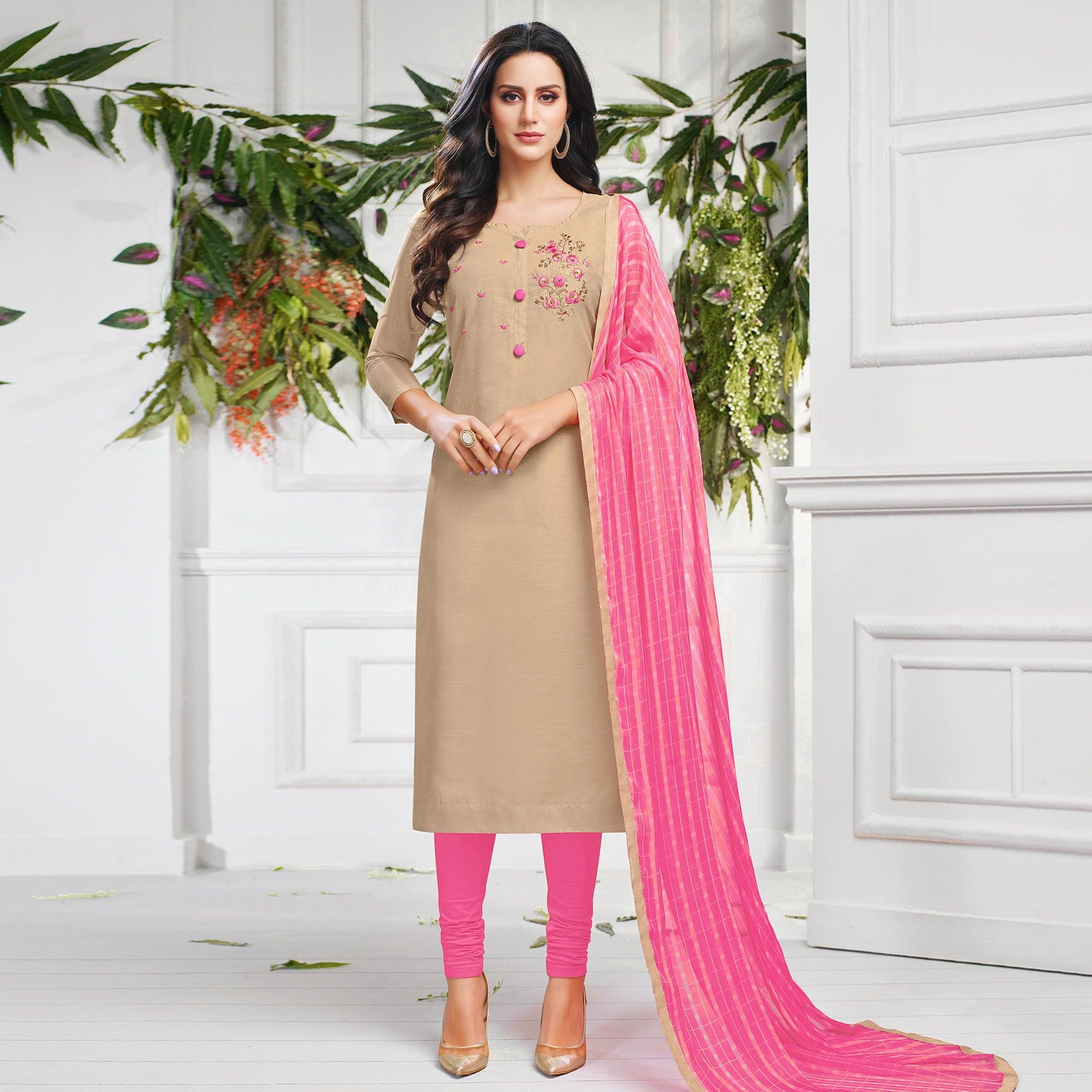 Delightful Beige Colored Casual Wear Embroidered Chanderi Dress Material - Peachmode