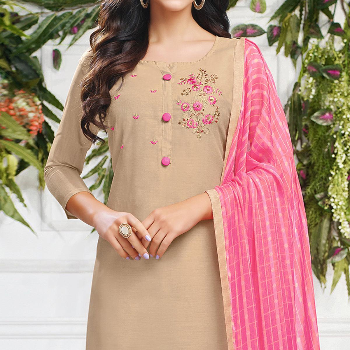 Delightful Beige Colored Casual Wear Embroidered Chanderi Dress Material - Peachmode