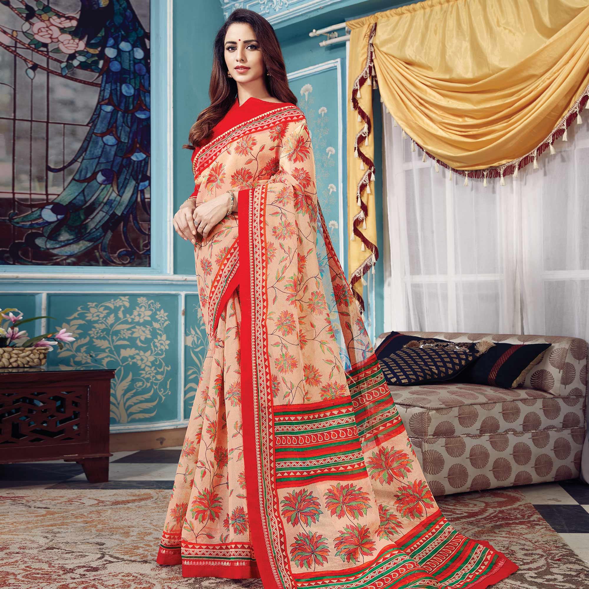 Delightful Beige Colored Partywear Printed Silk Saree - Peachmode