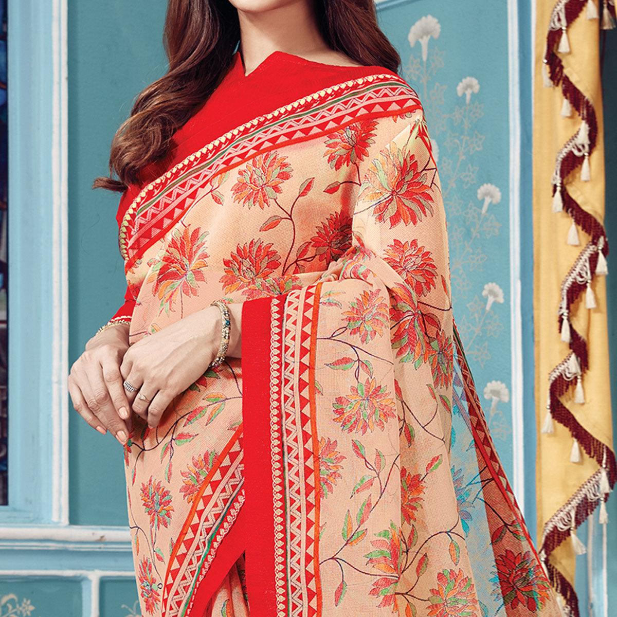 Delightful Beige Colored Partywear Printed Silk Saree - Peachmode