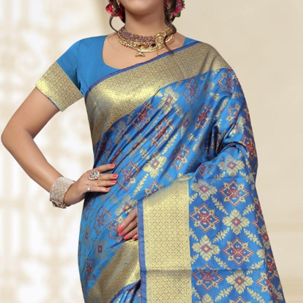 Delightful Blue Colored Festive Wear Woven Banarasi Silk Saree - Peachmode
