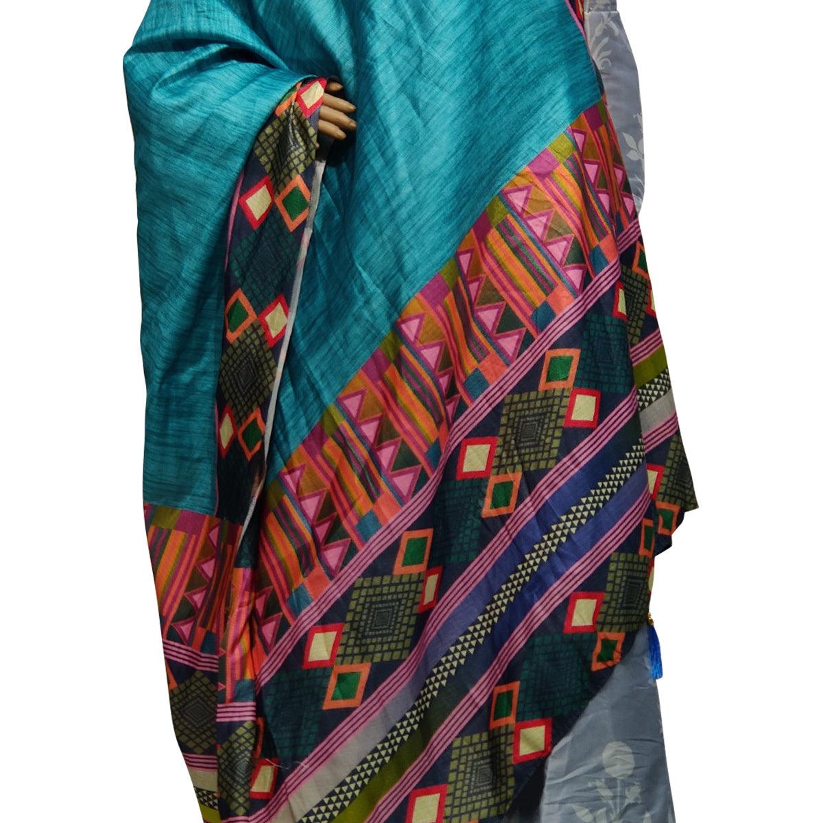 Delightful Blue-Multi Colored Casual Wear Printed Cotton Silk Dupatta With Tassels - Peachmode