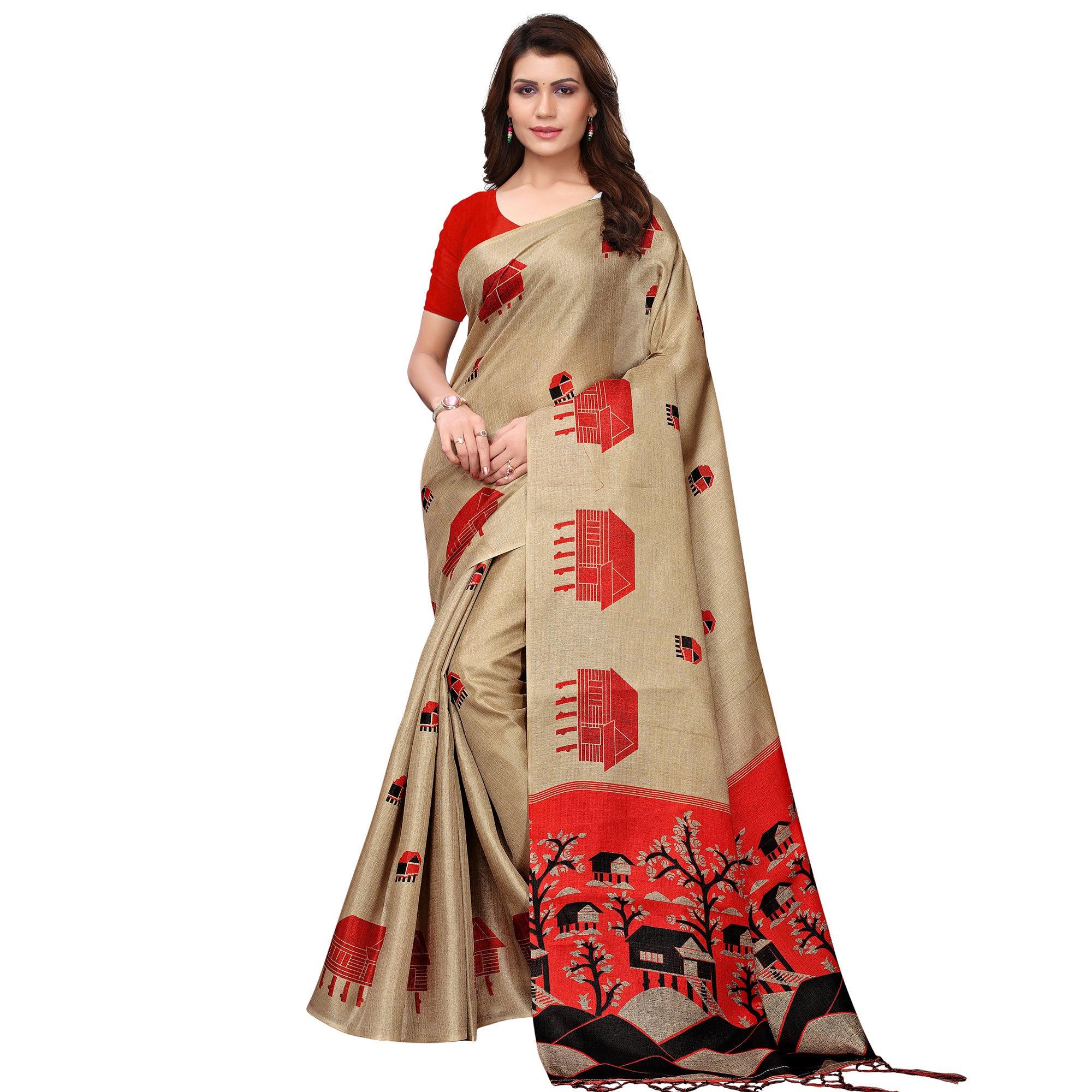 Delightful Chiku Colored Festive Wear Printed Art Silk Saree - Peachmode